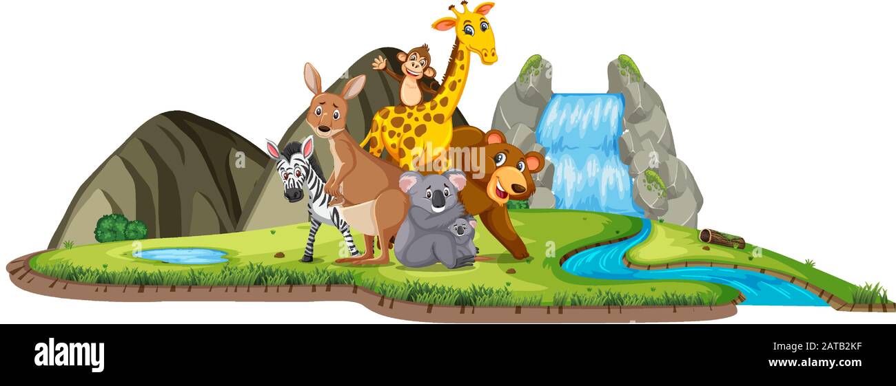 Scena con animali carini in piedi dalla cascata illustrazione Illustrazione Vettoriale