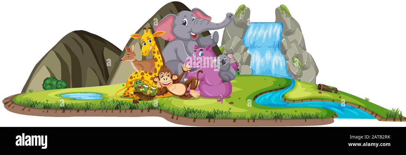 Scena con animali carini accanto alla cascata illustrazione Illustrazione Vettoriale