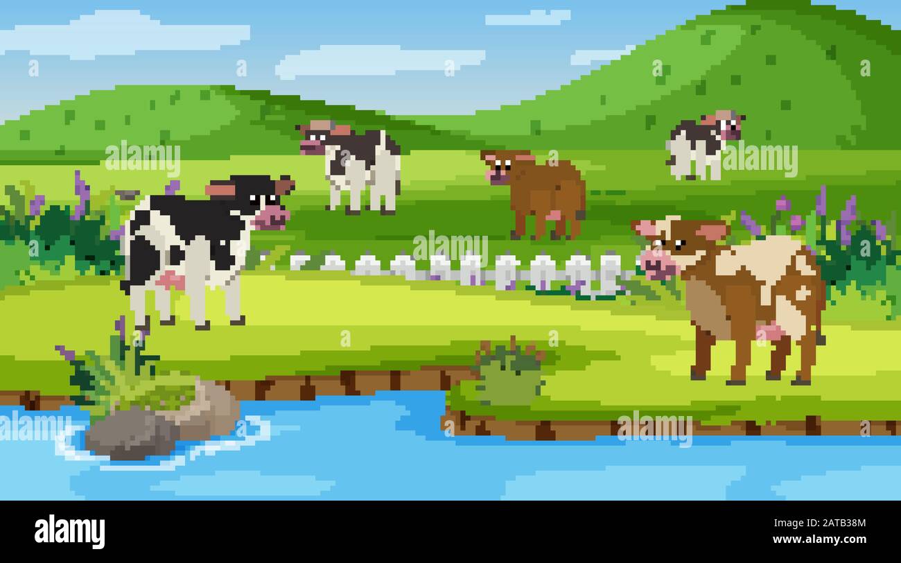 Scena di sfondo con molte mucche sulla fattoria illustrazione Illustrazione Vettoriale
