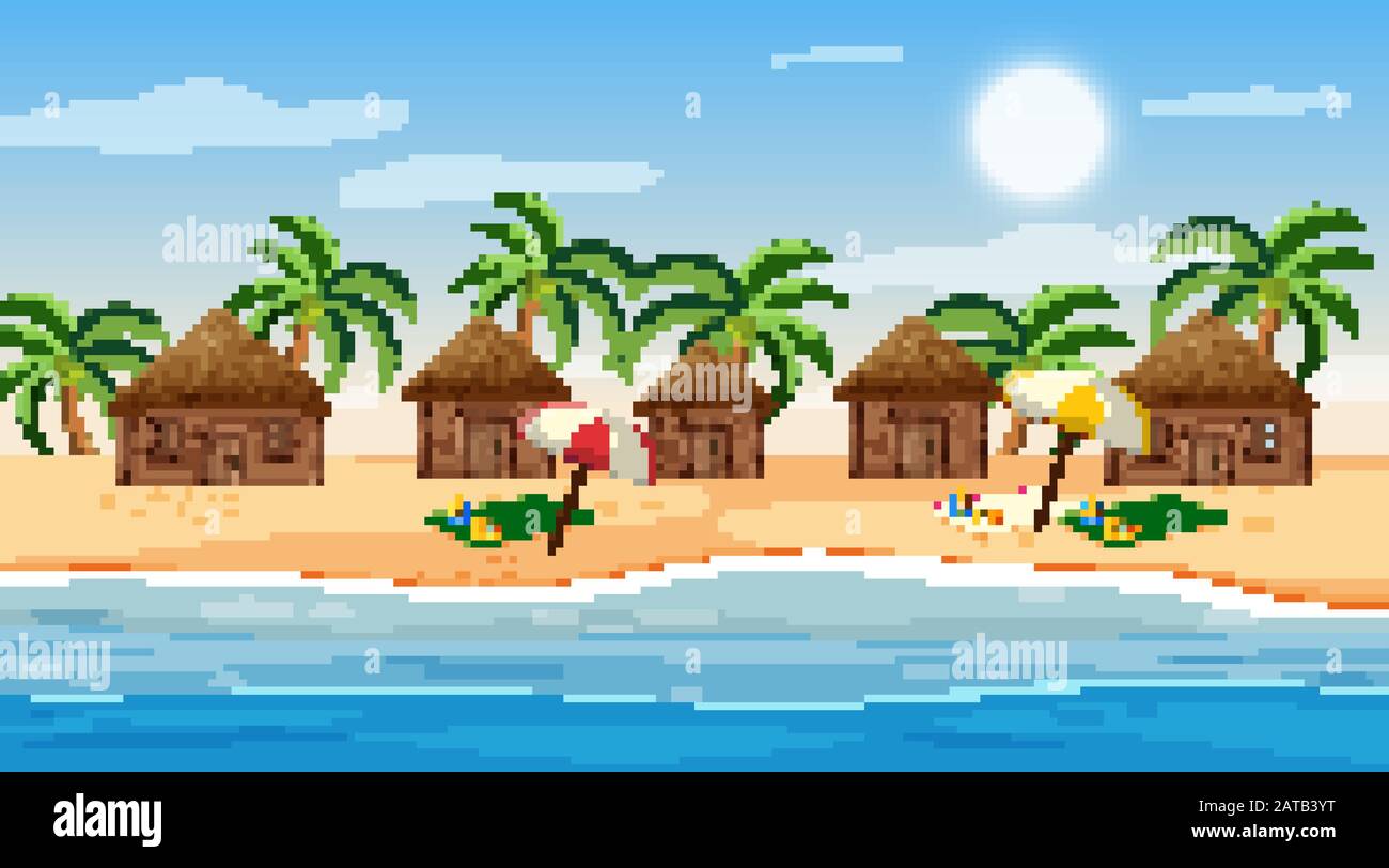 Scena con piccole capanne sulla spiaggia di giorno a illustrazione Illustrazione Vettoriale