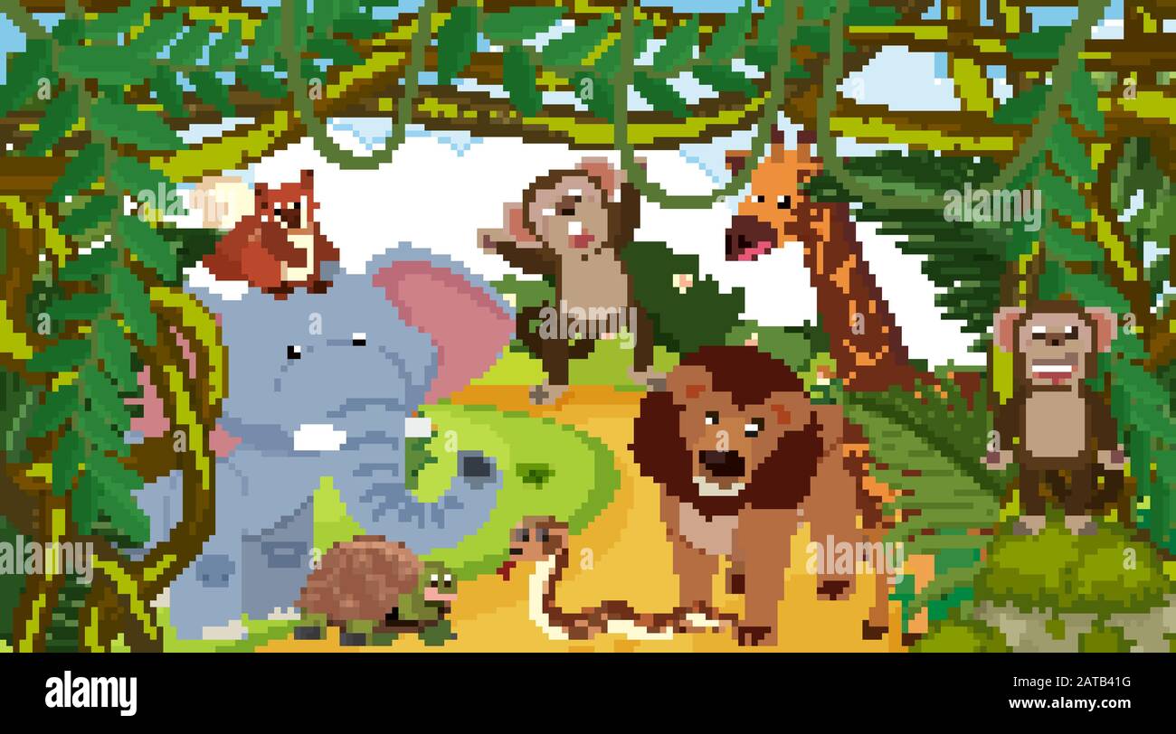 Scena di sfondo con molti animali in foresta illustrazione Illustrazione Vettoriale