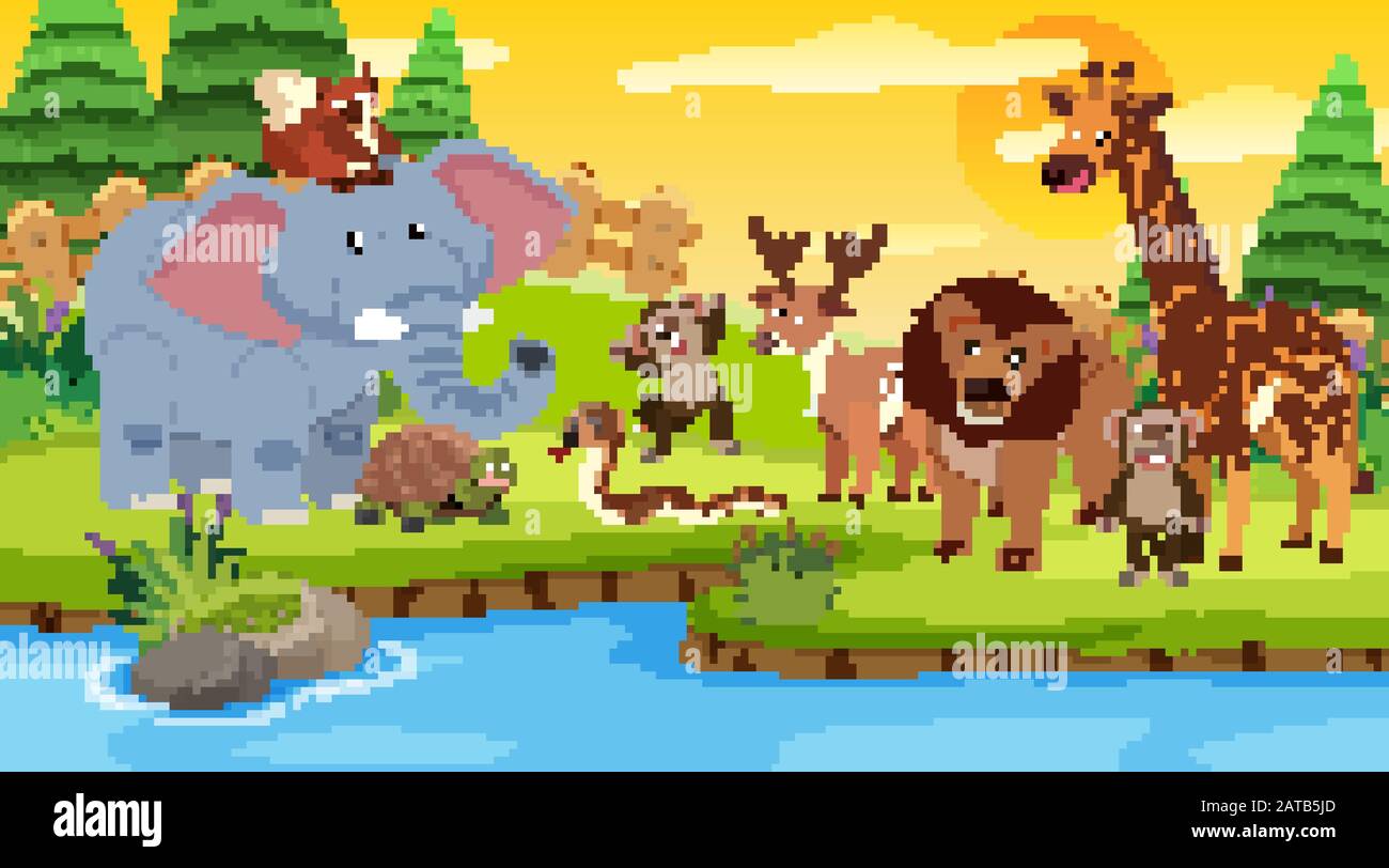 Scena con molti animali selvatici insieme dal fiume illustrazione Illustrazione Vettoriale