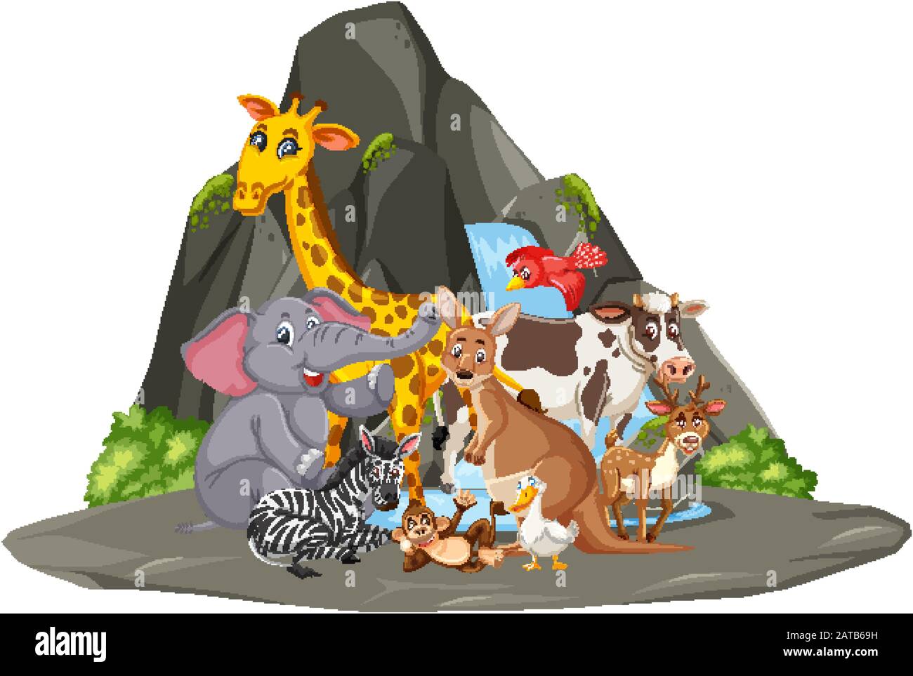Scena con molti animali selvatici dalla cascata su sfondo bianco illustrazione Illustrazione Vettoriale