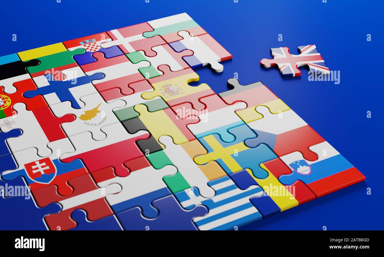 Brexit - l’uscita britannica dall’Unione europea nel 2020. Il concetto di 'Brexit' rappresentato tramite un puzzle. stati membri rappresentati da pezzi di Foto Stock