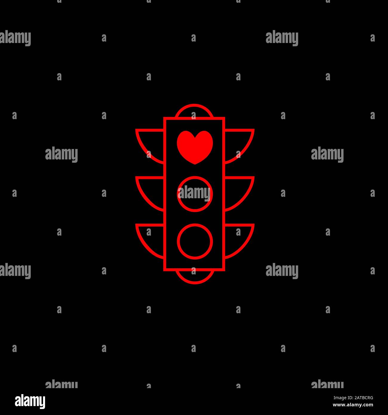Love Light - modello creativo vettoriale. Icona del cuore come simbolo dell'amore. Stop Love Red Road Sign. Semaforo su sfondo nero per San Valentino. Illustrazione Vettoriale