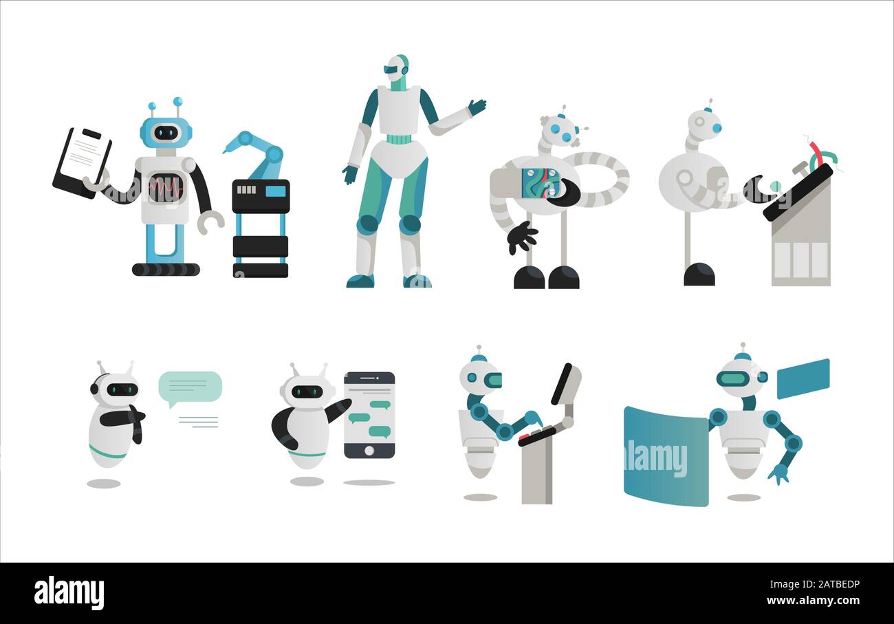 Set di robot diversi che eseguono le loro attività. Illustrazione Vettoriale
