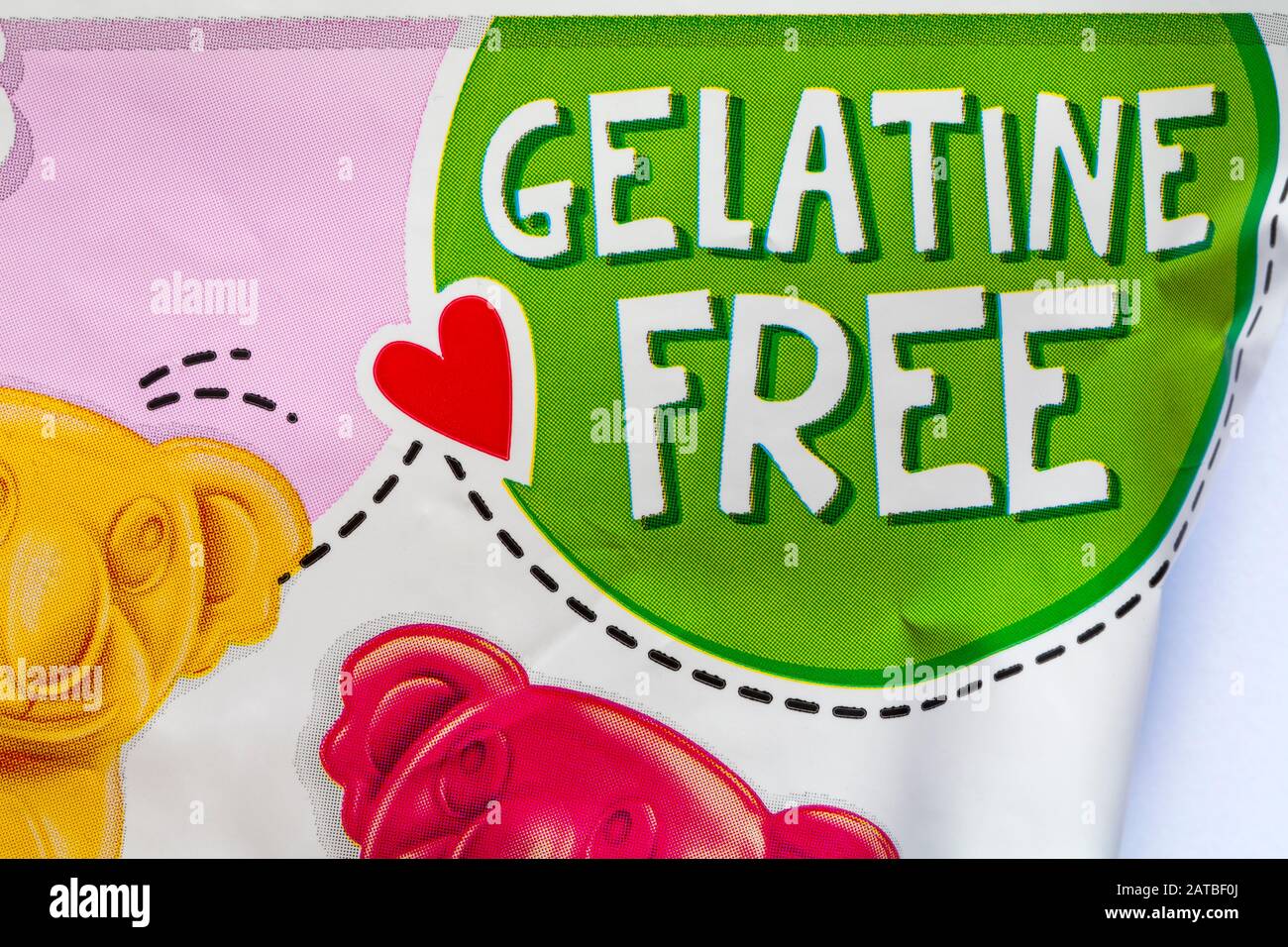 Gelatina libera - dettaglio su pacchetto Di Frutta-tella Koalas gelatina libera dolci assortiti gelatina con succo di frutta Foto Stock