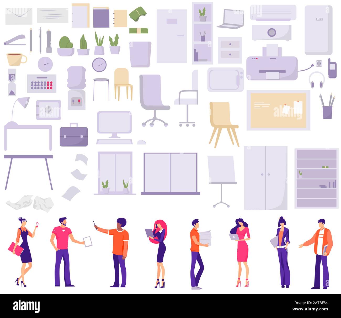 Set di caratteri aziendali che lavorano in ufficio e oggetti Illustrazione Vettoriale
