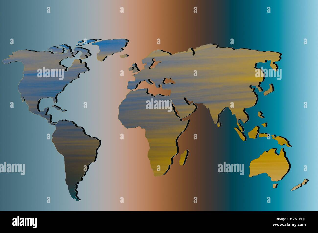 Circa delineato mappa mondiale con Cielo e nubi il riempimento Foto Stock