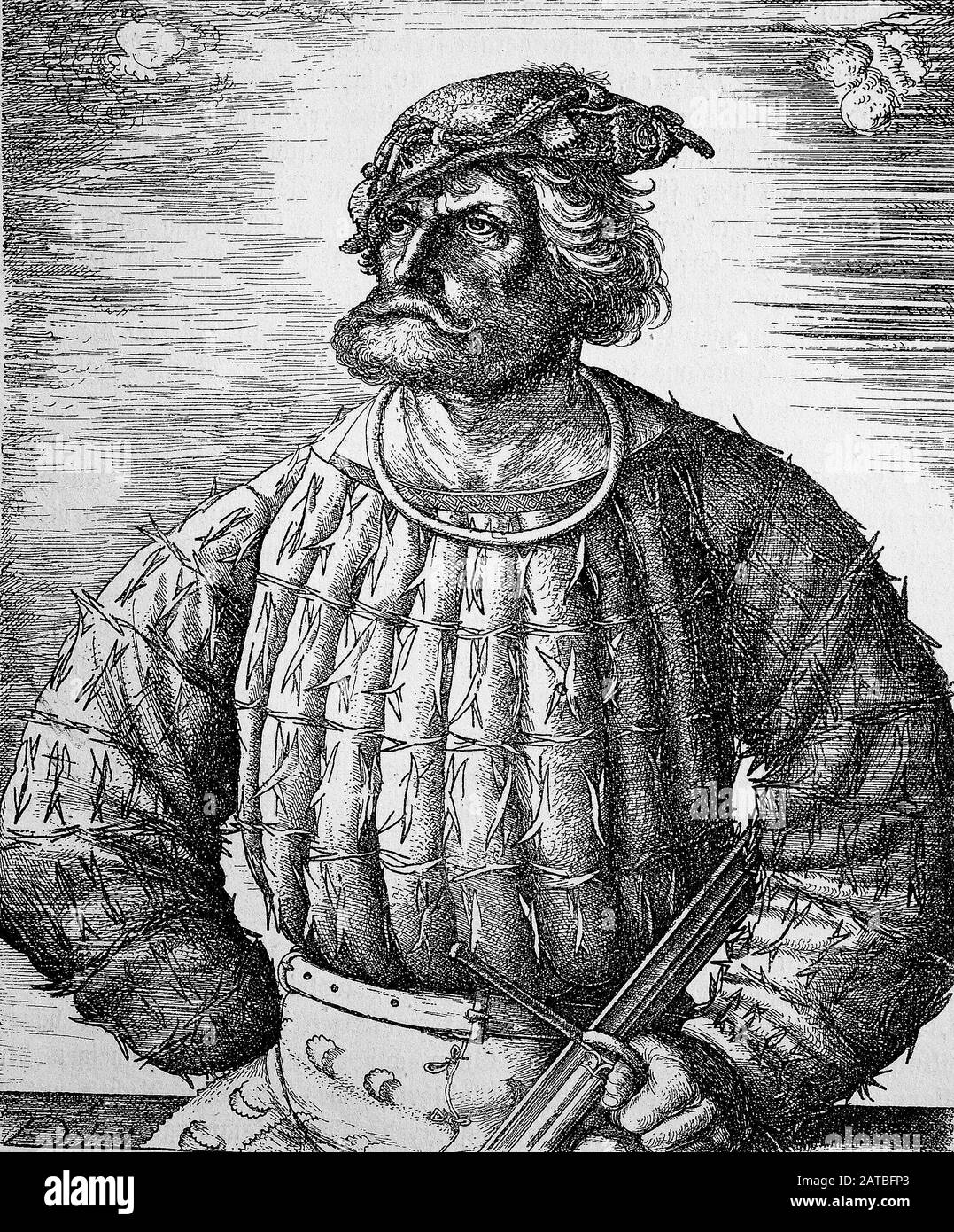 Florian Geyer von Giebelstadt, Geier, c.. 1490 – 10 giugno 1525, nobile tedesco, diplomatico e cavaliere/lorista Geye, Florian Geier von Giebelstadt, geboren um 1490 a Giebelstadt, gestorben 10. Juni 1525 im Gramschatzer Wald bei Würzburg) guerra ein fränkischer Reichsritter, Truppenführer im Dienst des Markgrafen Albrecht von Brandenburg-Ansbach und Diplomat. Er übernahm im Bauernkrieg 1525 die Führung des Schwarzen Haufens, Historiisch, riproduzione digitale migliorata di un originale del 19th secolo / digitale Reproduktion einer Originalvorlage aus dem 19. Jahrhundert Foto Stock