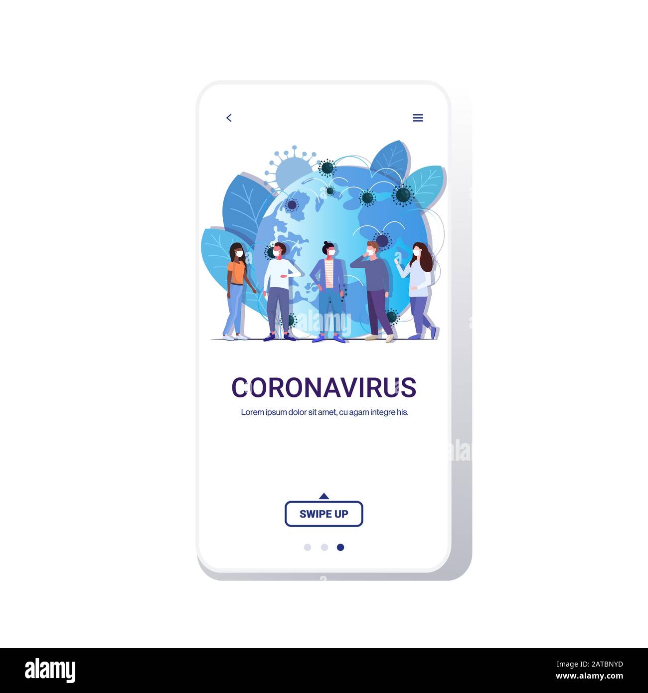 Gruppo di persone in maschere di protezione epidemia MERS-COV coronavirus influenza diffusione del concetto mondiale di influenza fluttuante wuhan 2019-nCoV pandemia di salute medica rischio full length mobile app copia spazio vettore illustrazione Illustrazione Vettoriale