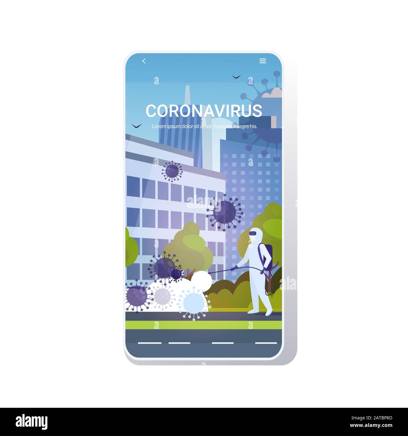 Scienziato in hazmat suit pulizia disinfezione coronavirus cellule epidemia MERS-cov virus wuhan 2019-nCoV pandemia di salute rischio città paesaggio sfondo mobile app copia spazio immagine vettoriale Illustrazione Vettoriale