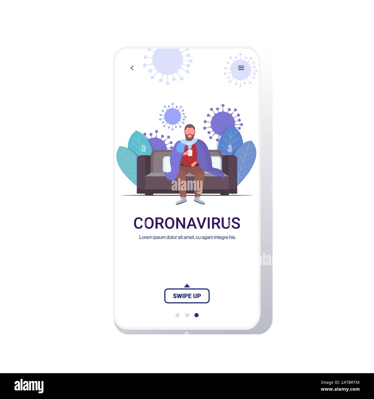 Uomo sensazione di malattia epidemia MERS-cov batteri galleggianti influenza virus cellule wuhan coronavirus quarantena 2019-nCoV full length mobile app copia spazio immagine vettoriale Illustrazione Vettoriale