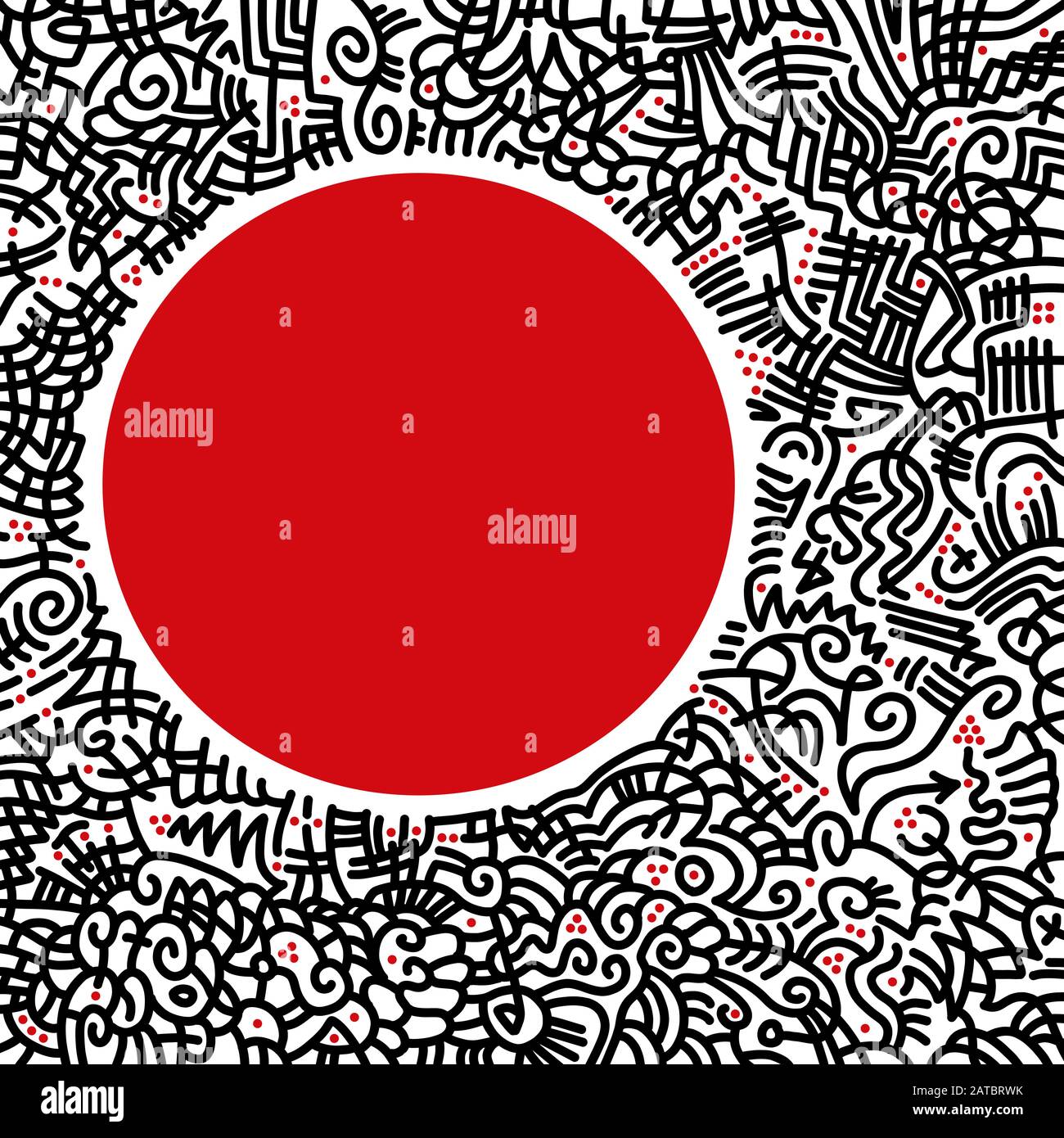 Cornice quadrata colorata disegnata a mano con motivi astratti, fatta di curve e linee nere. Con punti rossi e un grande cerchio rosso a forma di spazio libero. Foto Stock