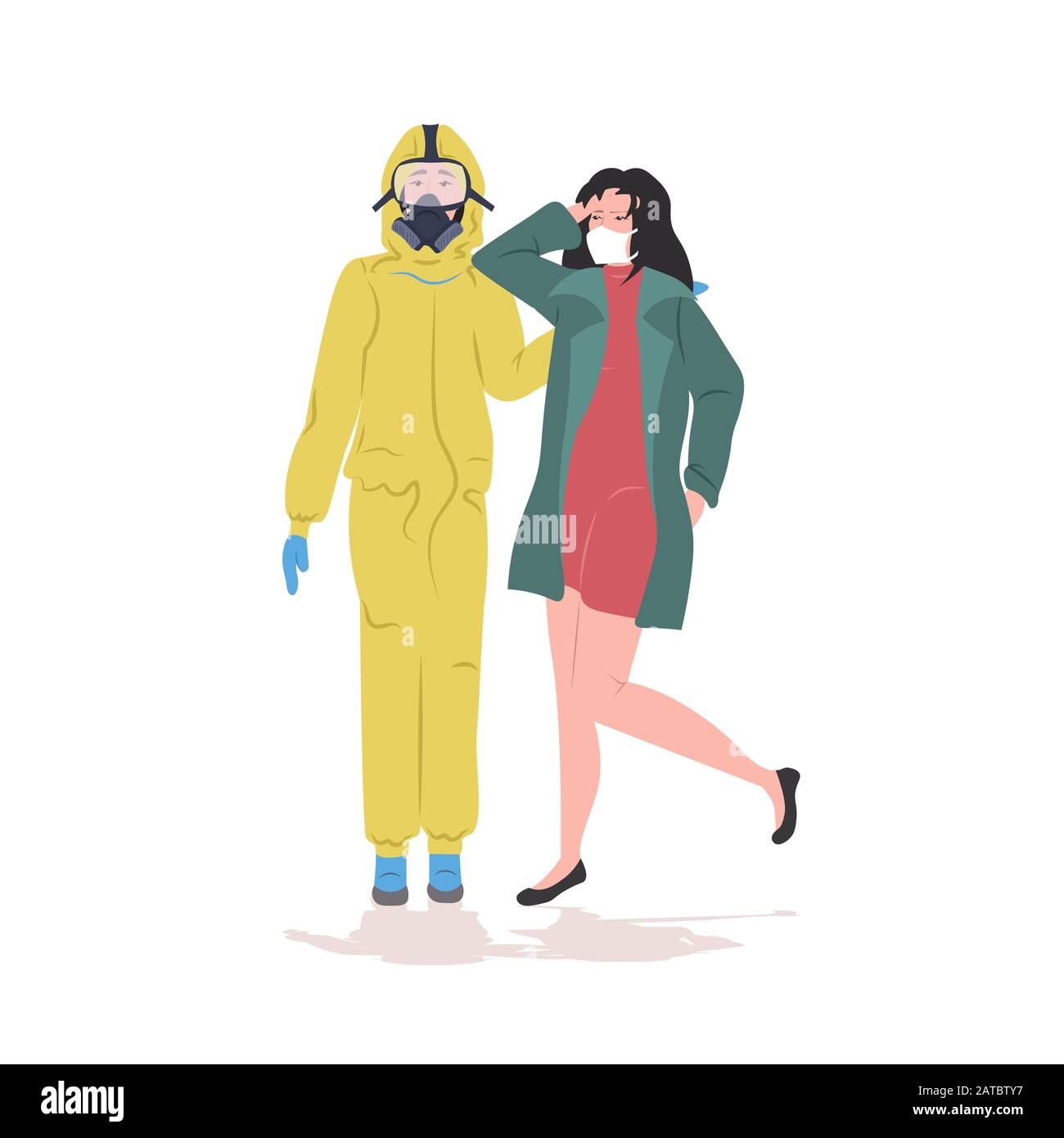 Uomo in tuta hazmat donna indossare maschera per prevenire epidemia MERS-cov wuhan coronavirus 2019-nCoV pandemia salute medica rischio di immagine vettore a tutta lunghezza Illustrazione Vettoriale