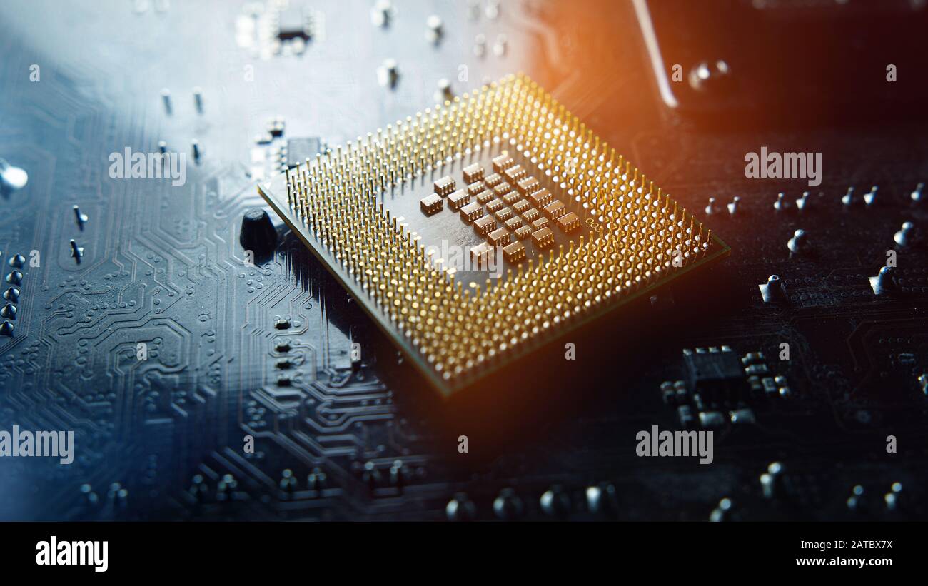 Contesto tecnologico. Concetto CPU dei processori Per Computer centrali. Sfondo chip digitale della scheda madre. Contesto scientifico tecnologico. Foto Stock