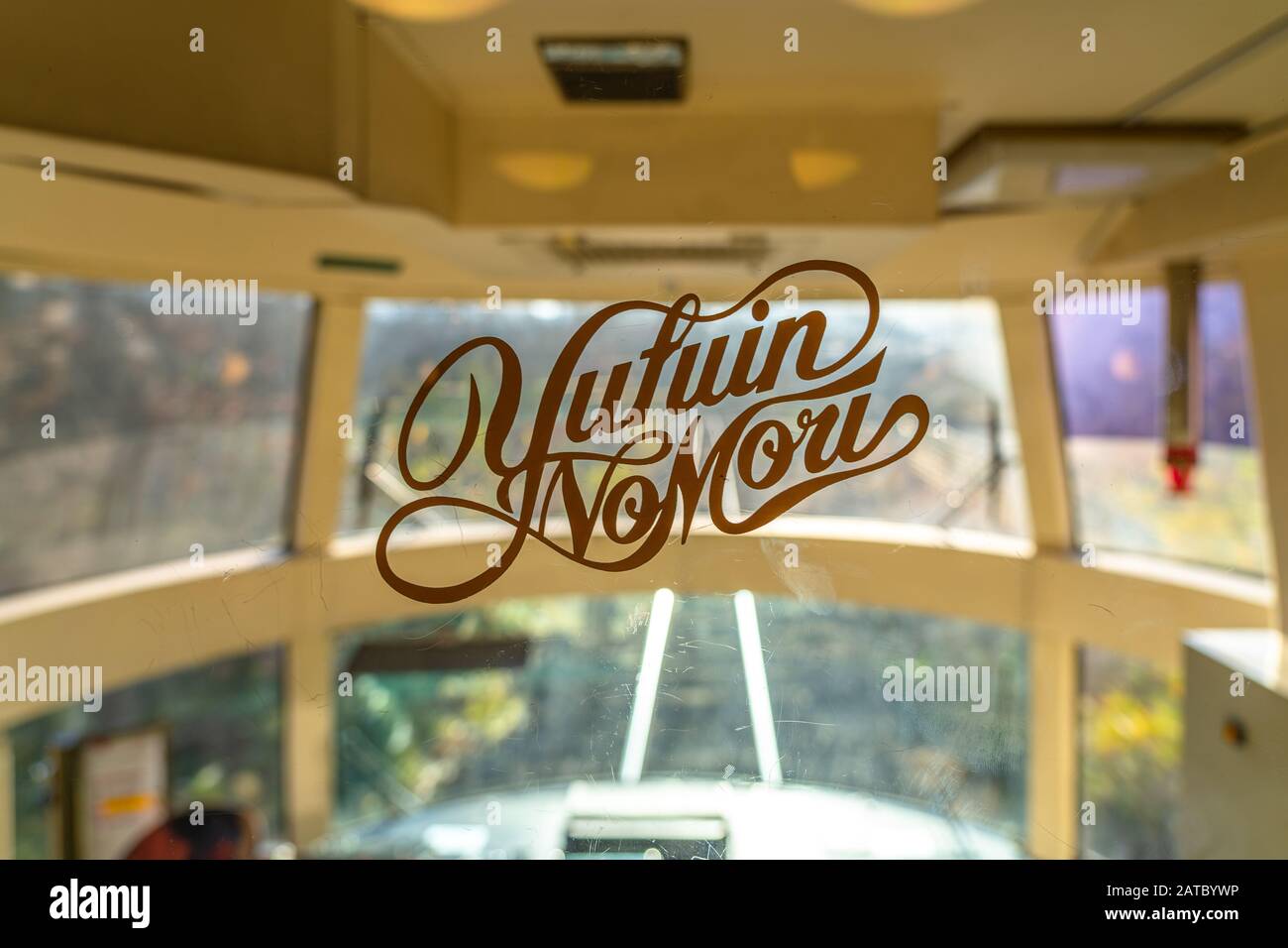 Treno espresso limitato Yufuin no Mori, gestito dalla Kyushu Railway Company (JR Kyushu). Un treno turistico che vi porta a Yufuin, una squisita sorgente termale calda Foto Stock