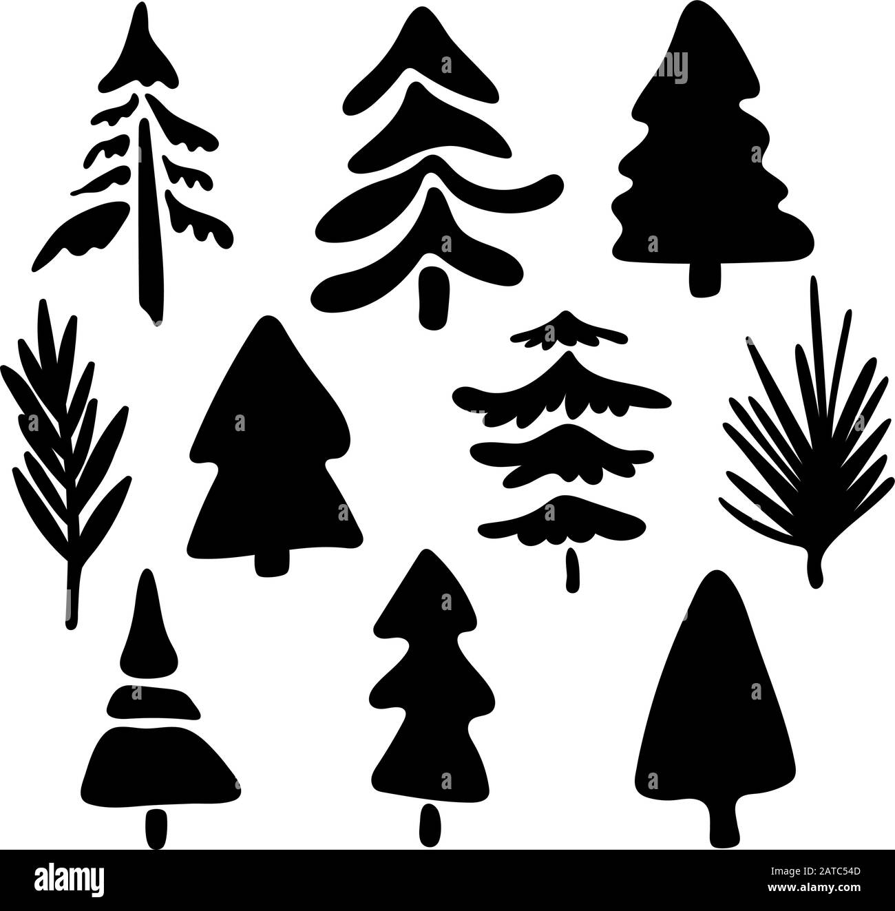 Collezione di sagome di alberi di conifere. Forme di Natale di alberi stilizzati. Aghi e rami. Stile cartone animato e scarabocchiatura. Motivi botanici di Illustrazione Vettoriale