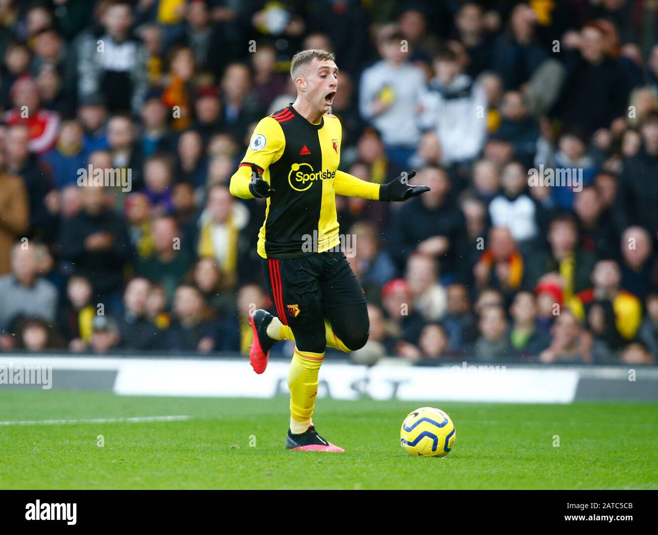 Watford, Regno Unito. 01st Feb, 2020.WATFORD, INGHILTERRA - 01 FEBBRAIO: Watford's Gerard Deulofeu durante la partita della Premier League tra Watford e Everton il 01 Gennaio 2020 al Vicarage Road Stadium, Watford, Inghilterra. Credito: Azione Foto Sport/Alamy Live News Credito: Azione Foto Sport/Alamy Live News Foto Stock