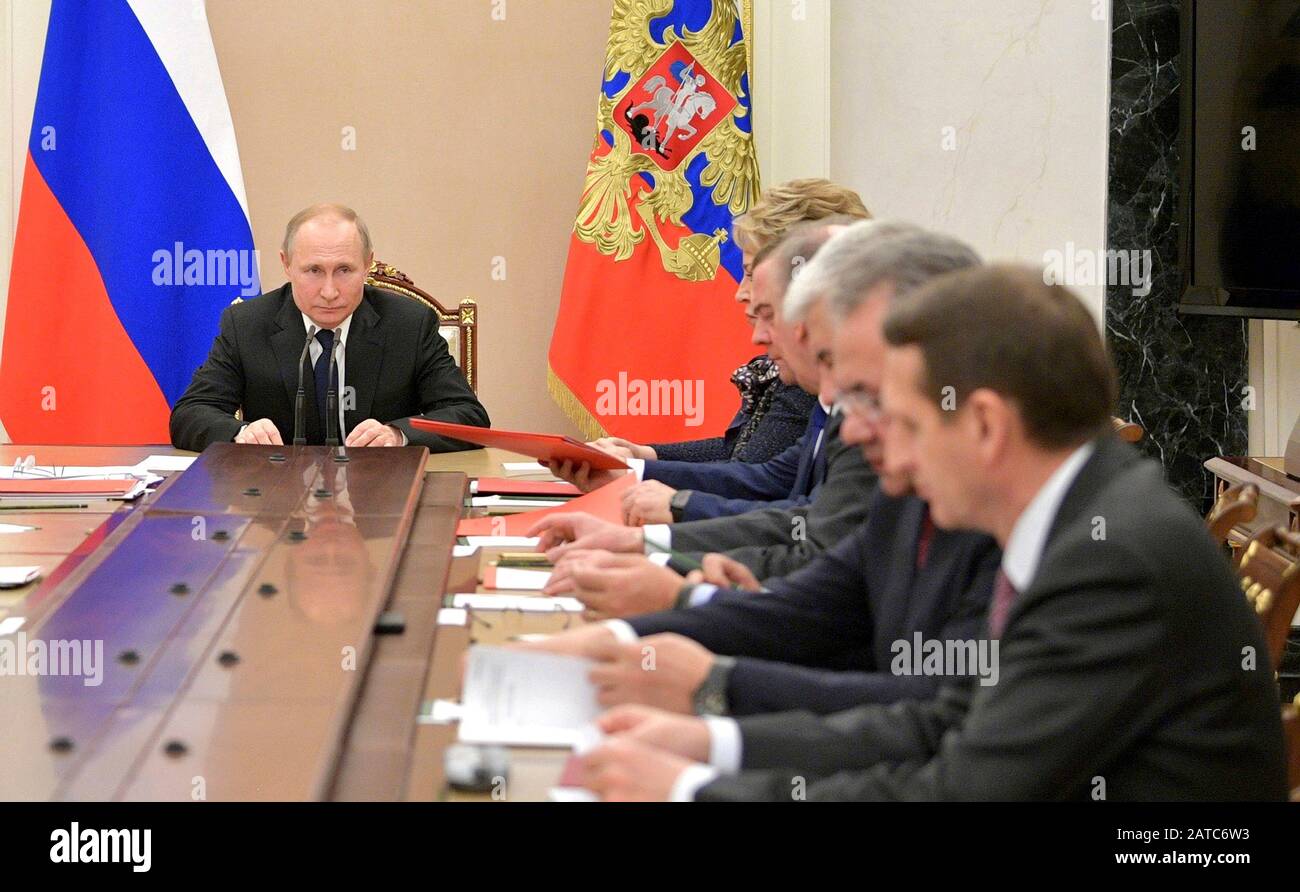 Mosca, Russia. 31st Gen 2020. Il presidente russo Vladimir Putin presiederà una riunione dei membri permanenti del Consiglio di sicurezza al Cremlino il 31 gennaio 2020 a Mosca, Russia. Credit: Alexei Druzhinin/Kremlin Pool/Alamy Live News Foto Stock