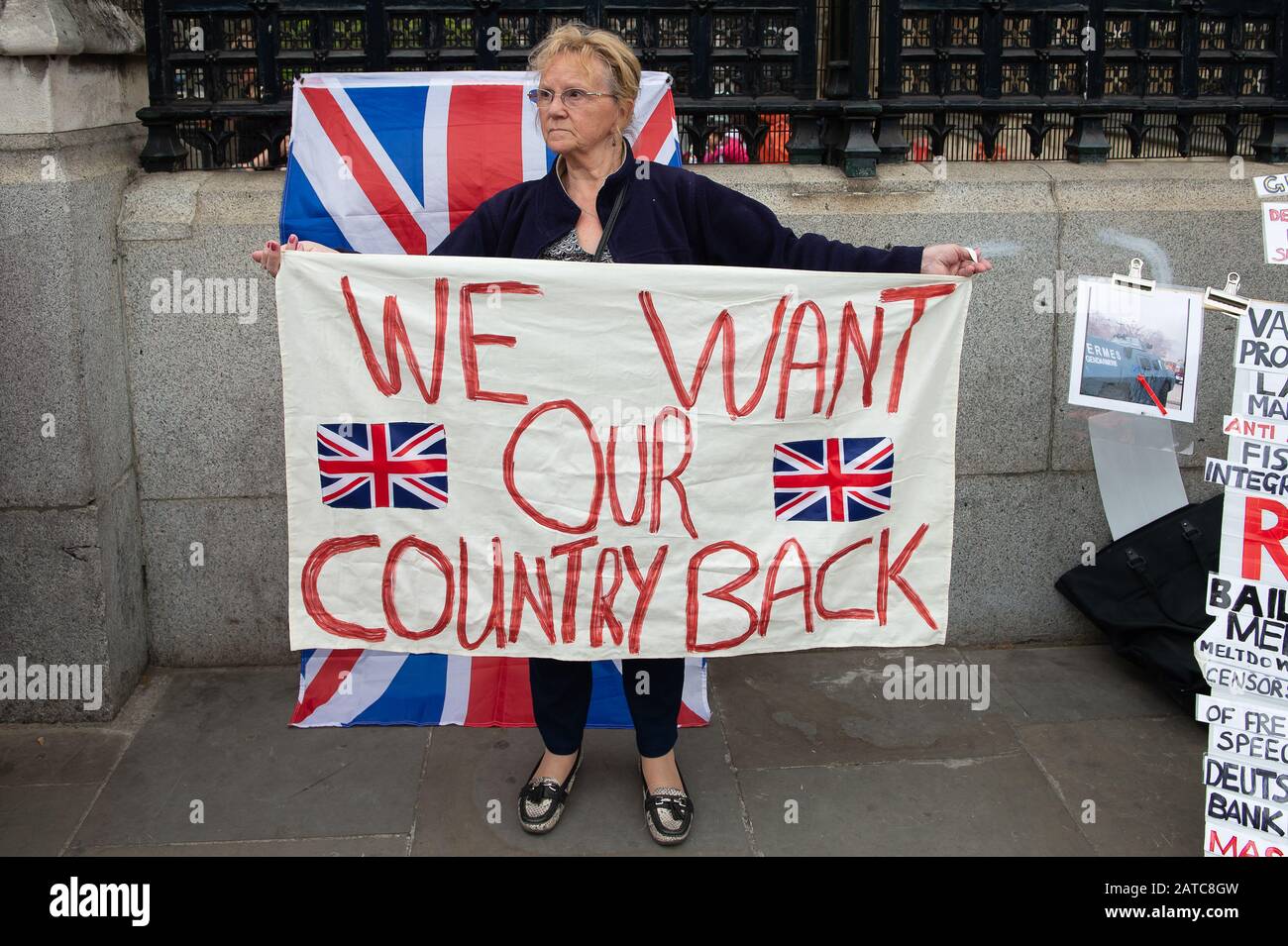 Westminster, Londra, Regno Unito. 1st maggio 2019. Una signora attivista Del Congedo per Brexit sostiene un cartello vogliamo che il nostro Paese sia di ritorno. Credito: Maureen Mclean/Alamy Foto Stock