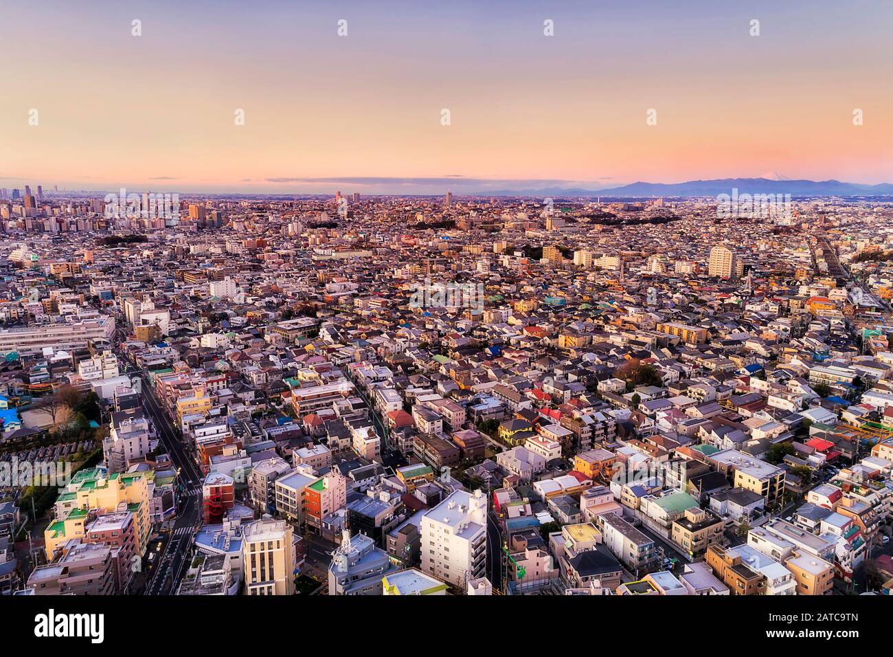 Monte Fujiyama innevato durante la stagione invernale visto dall'area metropolitana Di Tokyo In una scena aerea elevata all'alba. Foto Stock