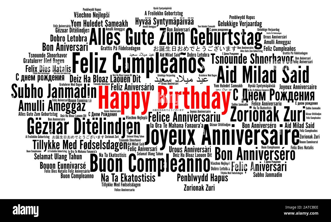 Buon compleanno in diverse lingue Word cloud Foto stock - Alamy