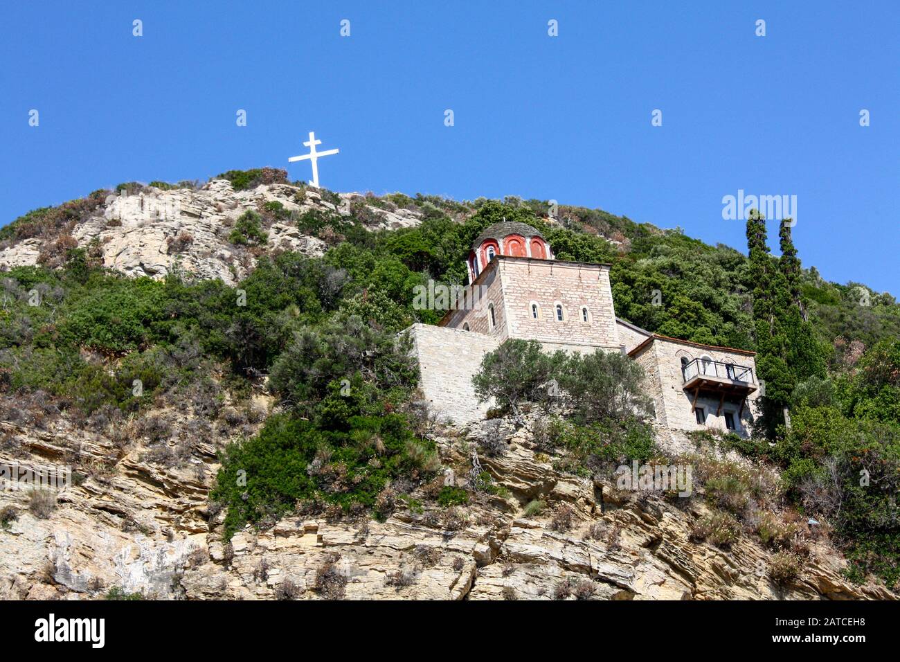 Monte Athos, Grecia. 2011/7/27. Una vista di un monastero ortodosso orientale sul Monte Athos, Grecia. Foto Stock