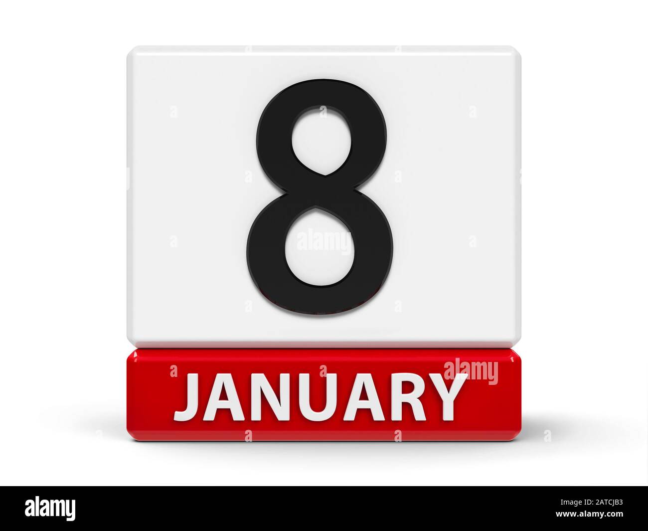 Icona del calendario rosso e bianco da cubi - l'ottavo di gennaio - su una tavola bianca, rendering tridimensionale, illustrazione 3D Foto Stock