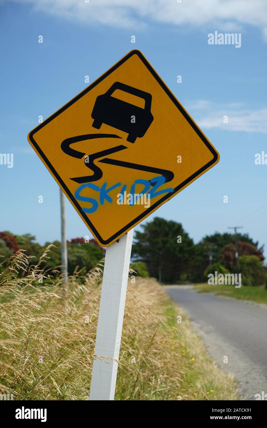 Cartello stradale di avvertimento giallo e nero per veicoli con skidz spruzzato in graffiti blu contro un cielo blu e verde campagna rurale sfondo rurale Foto Stock