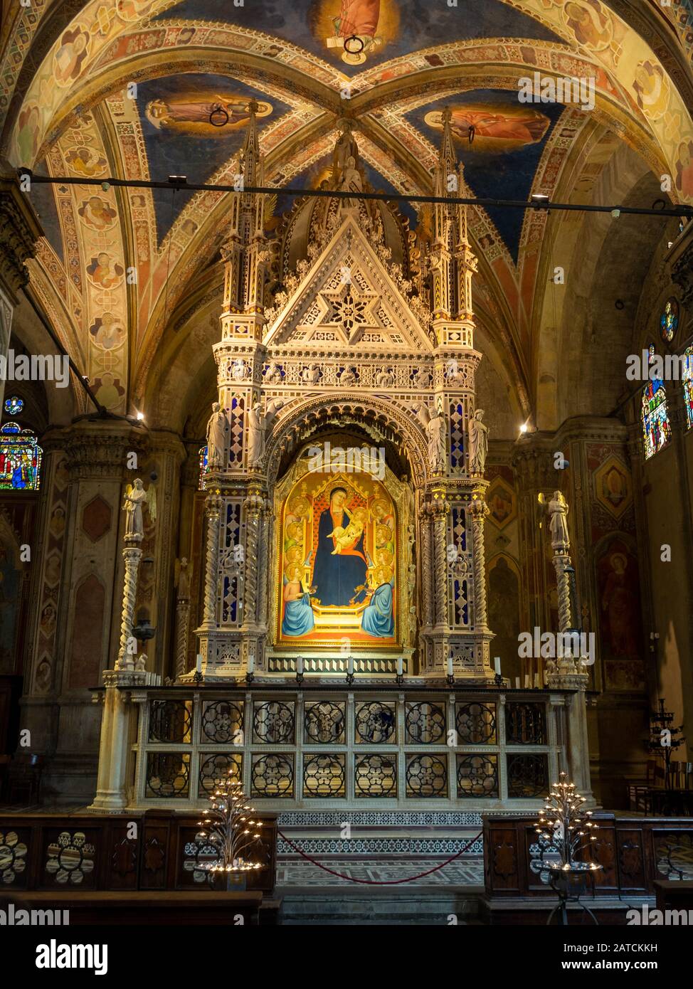 Orsanmichele, Andrea Orcagna Tabernacolo Gotico e Madonna e Bambino di Bernardo Daddi, Firenze Foto Stock