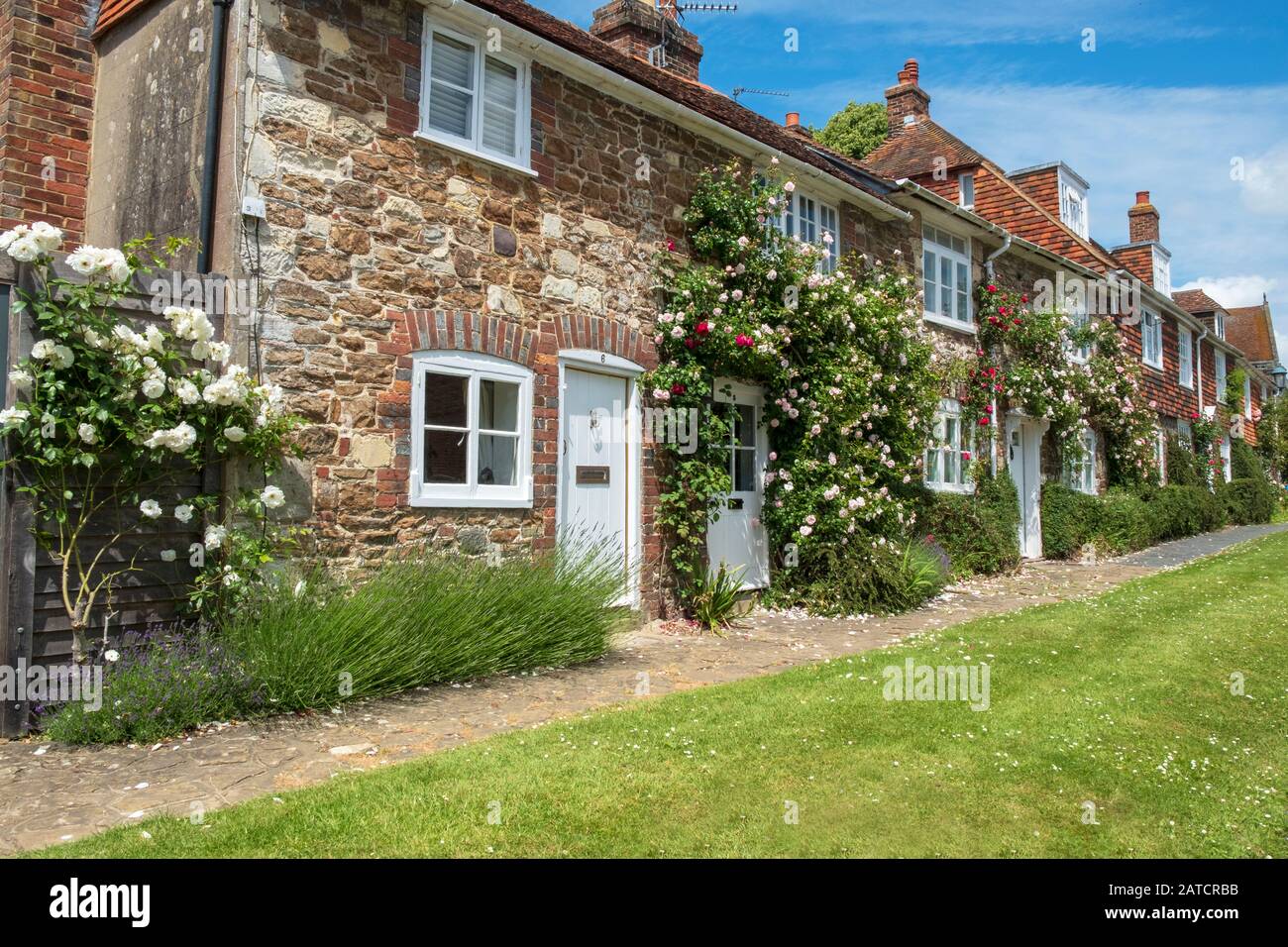 Pittoreschi cottage coperti di rosa a Winchelsea, East Sussex, Regno Unito, GB Foto Stock