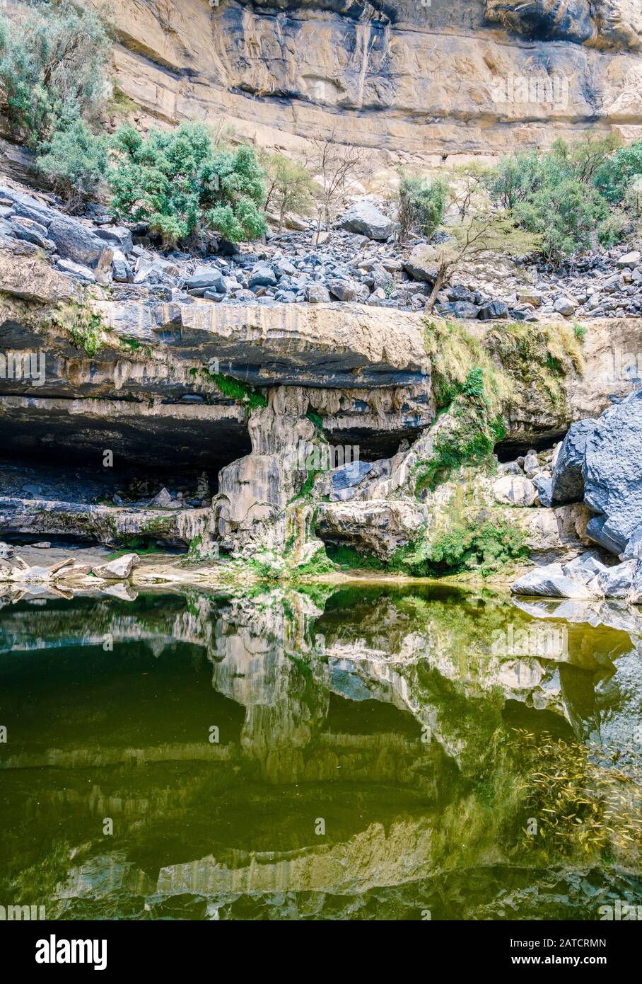 Piscina d'acqua alla fine del sentiero Balkony A Jebel Shams, Oman Foto Stock