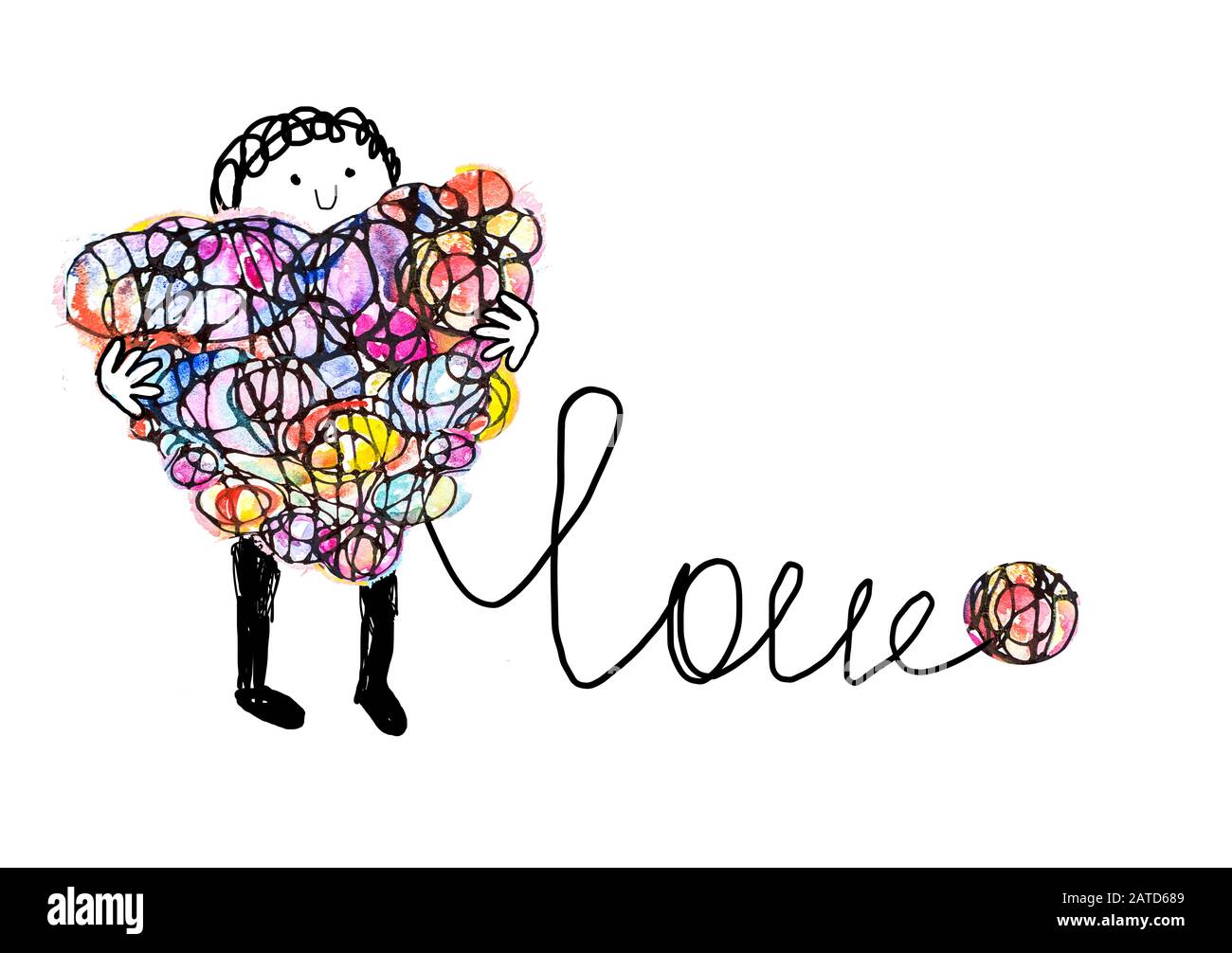 L'uomo tiene un cuore nelle sue mani. I fili scritti la parola amore. Illustrazione di San Valentino. Foto Stock