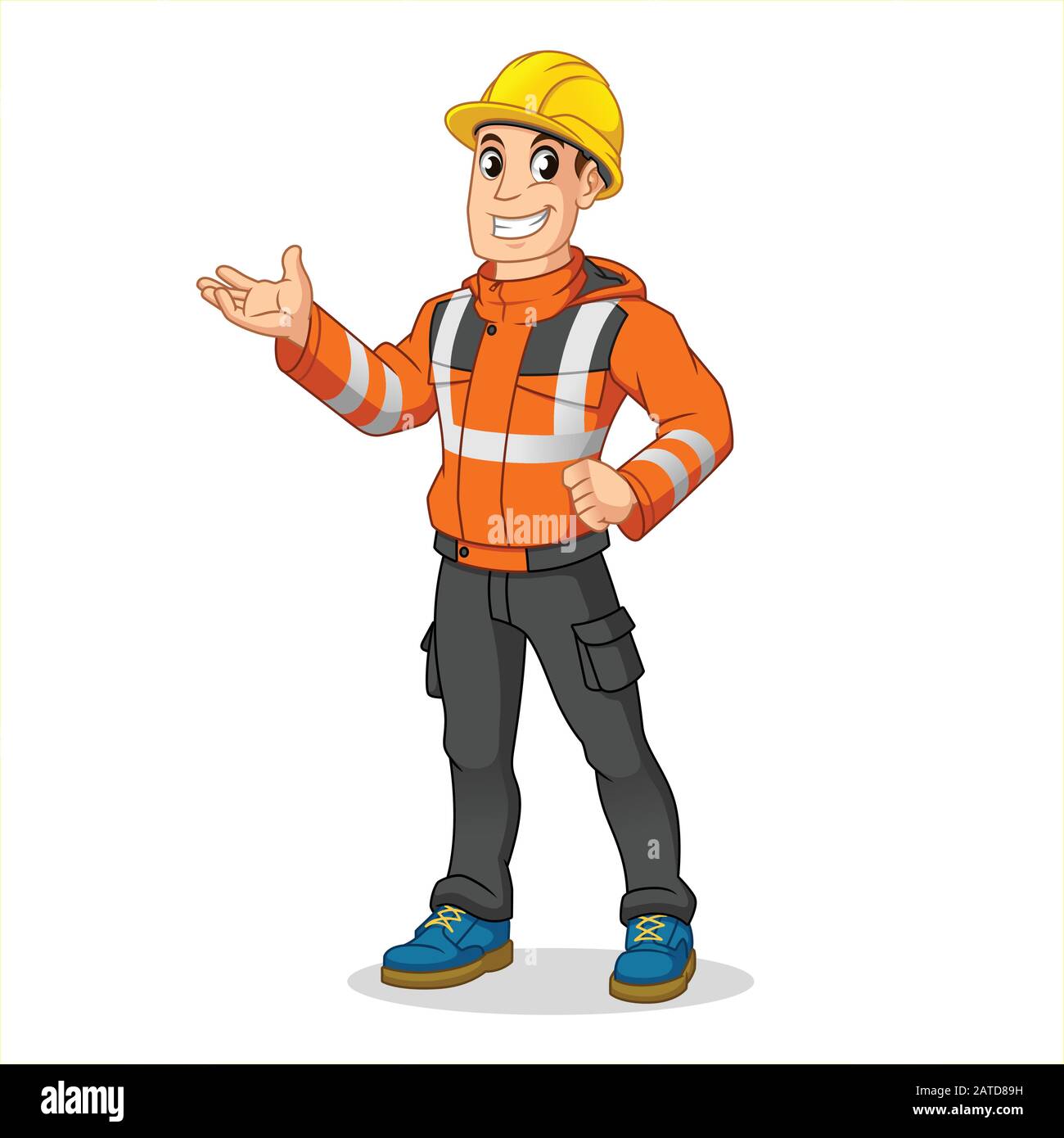 Lavoratore Industriale Maschile Con Giacca Di Sicurezza E Hard Hat Presentare Qualcosa, Persone Al Lavoro, Cartoon Vector Illustration Mascot. Illustrazione Vettoriale