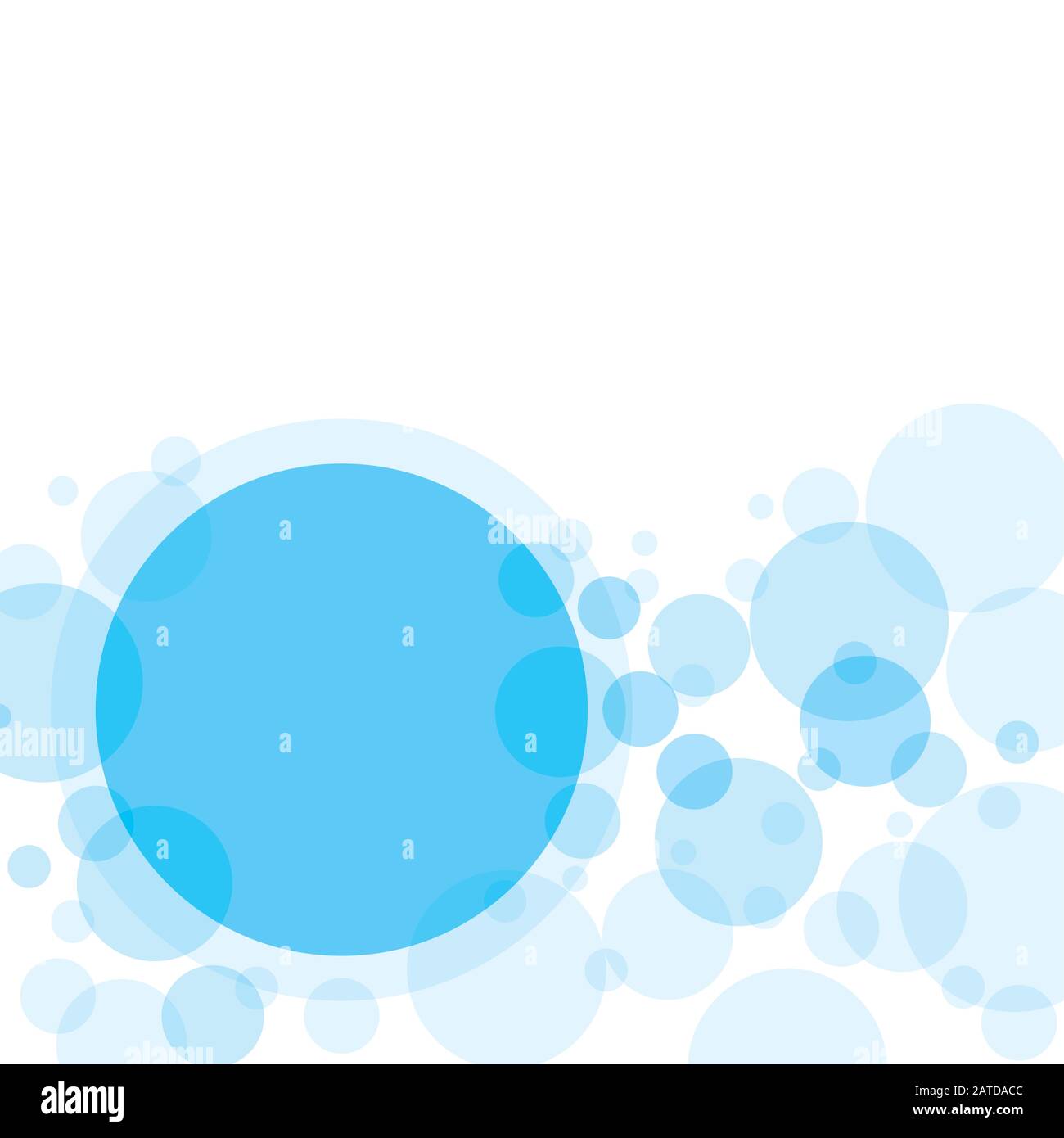 Circoli incrociati trasparenti sfondo astratto. Le bolle blu cielo sono posizionate casualmente sullo sfondo bianco e su un cerchio vuoto grande con spazio per il testo o. Illustrazione Vettoriale
