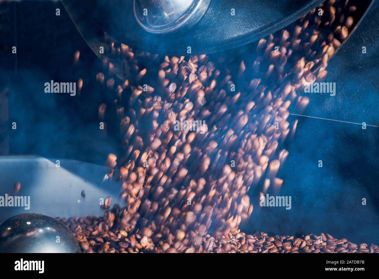 I chicchi di caffè appena tostati vengono versati dalla torrefazione Foto Stock