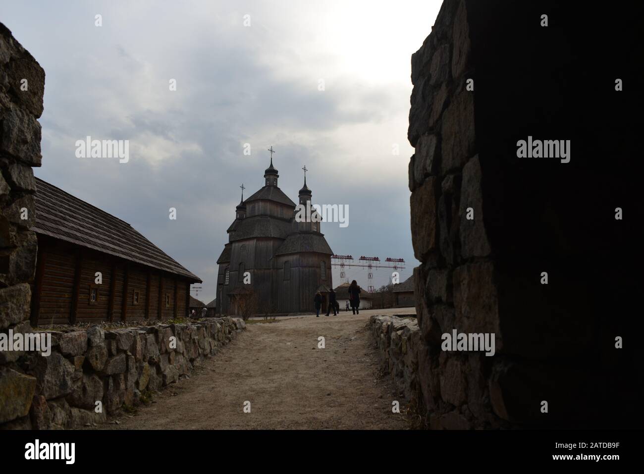 Una vista del Sich, l'Ucraina kozaks roccaforte vicino Zaporizhzhia, al fiume Dnipro Foto Stock