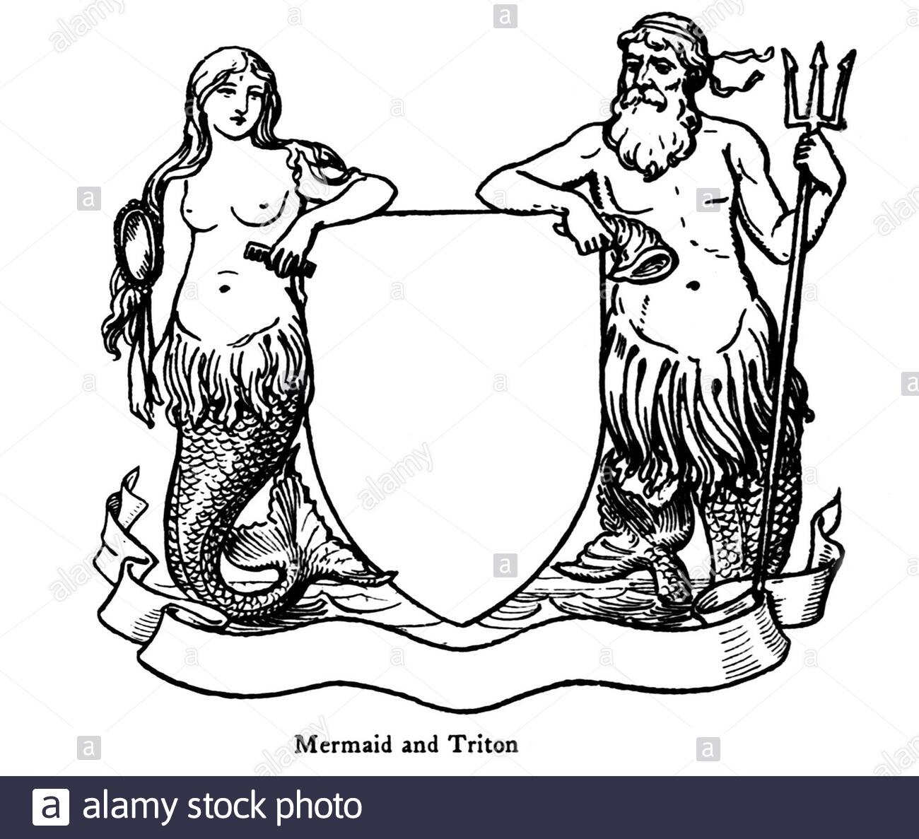 Mermaid e Triton, illustrazione d'epoca del 1900 Foto Stock