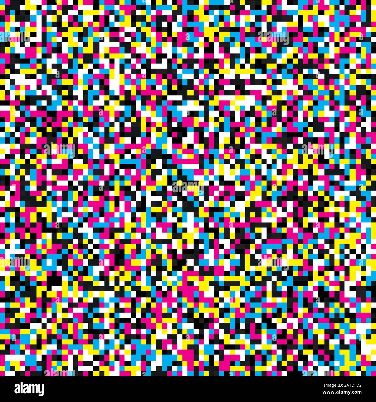 Motivo continuo mosaico pixel nei toni CMYK. Texture ripetuta con punti quadrati ciano, magenta, giallo e nero. Sfondo geometrico del vettore. Illustrazione Vettoriale