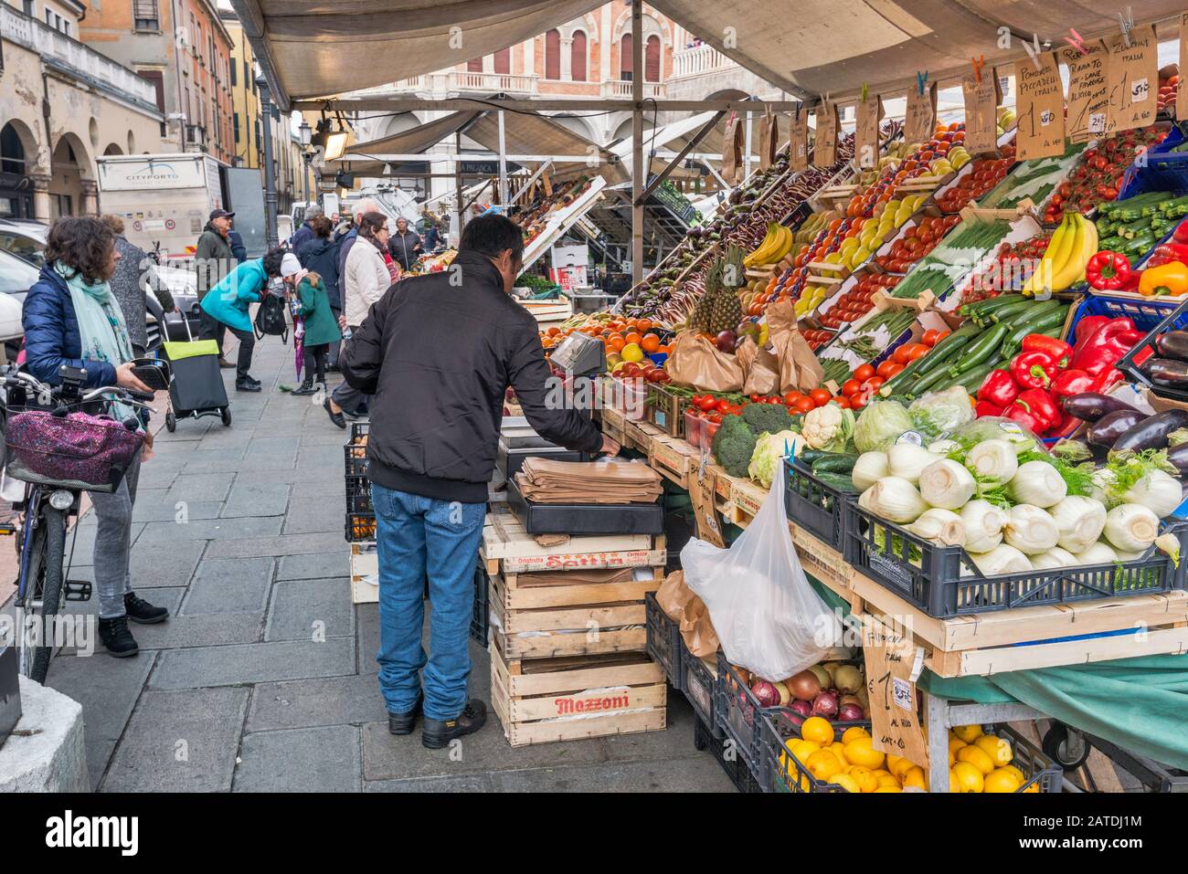 Edicola di frutta e verdura, mercato in Piazza delle Erbe a Padova, Veneto, Italia Foto Stock