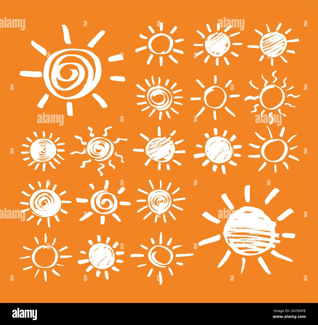 Set di simboli vettoriali del sole disegnati a mano dal marcatore. Pennarello che scarabocchiano raggi solari isolati su sfondo di colore arancione. Illustrazione EPS8 dello schizzo. Illustrazione Vettoriale