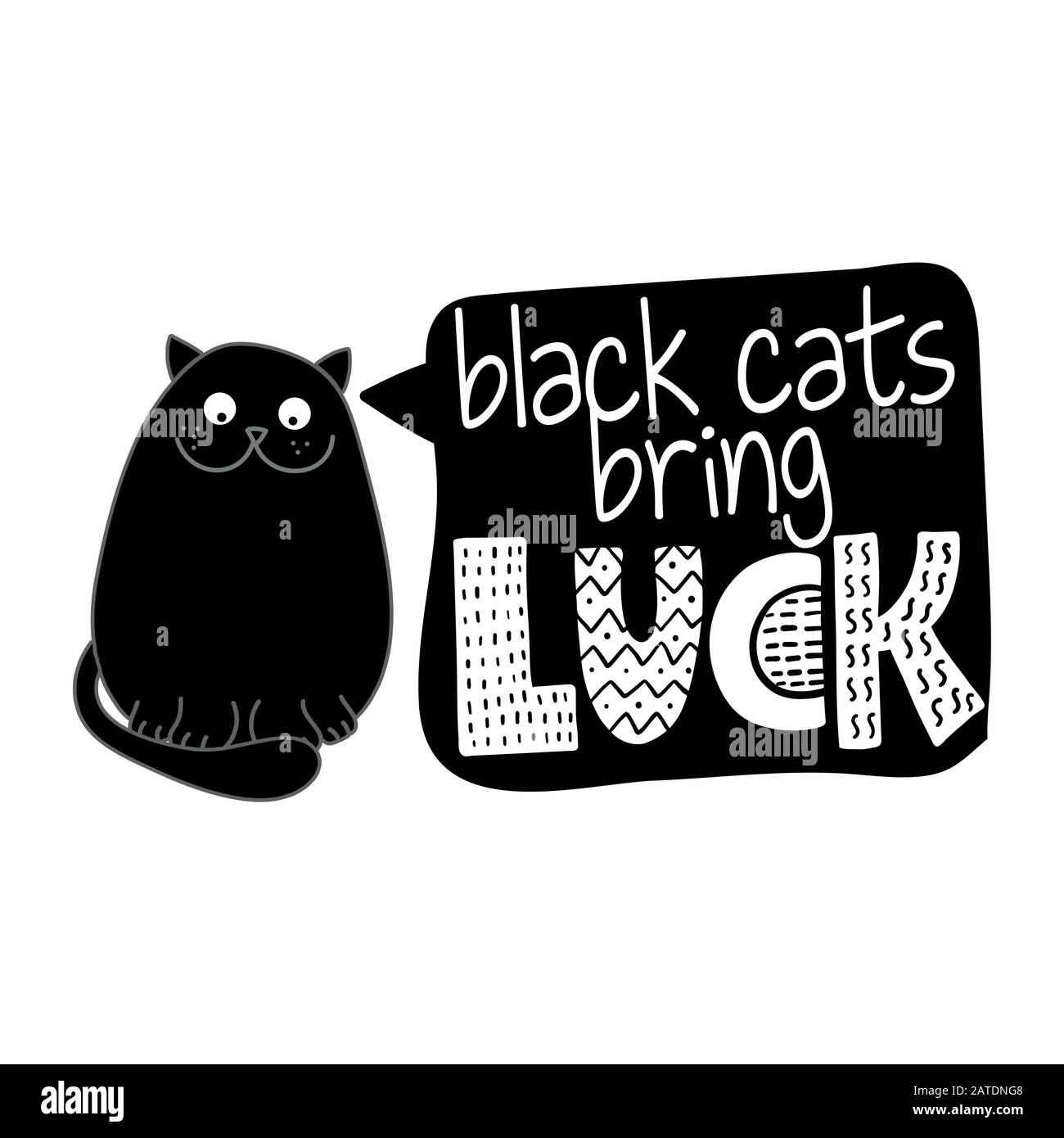 Gatti neri portare fortuna - divertente citazione di design con grumpy gatto nero. Segno calligraphy di gattino per la stampa. Carino poster gatto con lettere, buono per t shirt Illustrazione Vettoriale