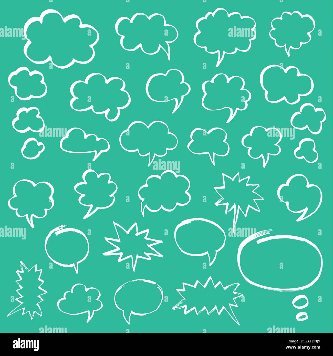 Serie di bolle di parlato e nuvole di pensiero. Disegnato a mano da simboli di vettore di penna in feltro in eps8. Illustrazione Vettoriale