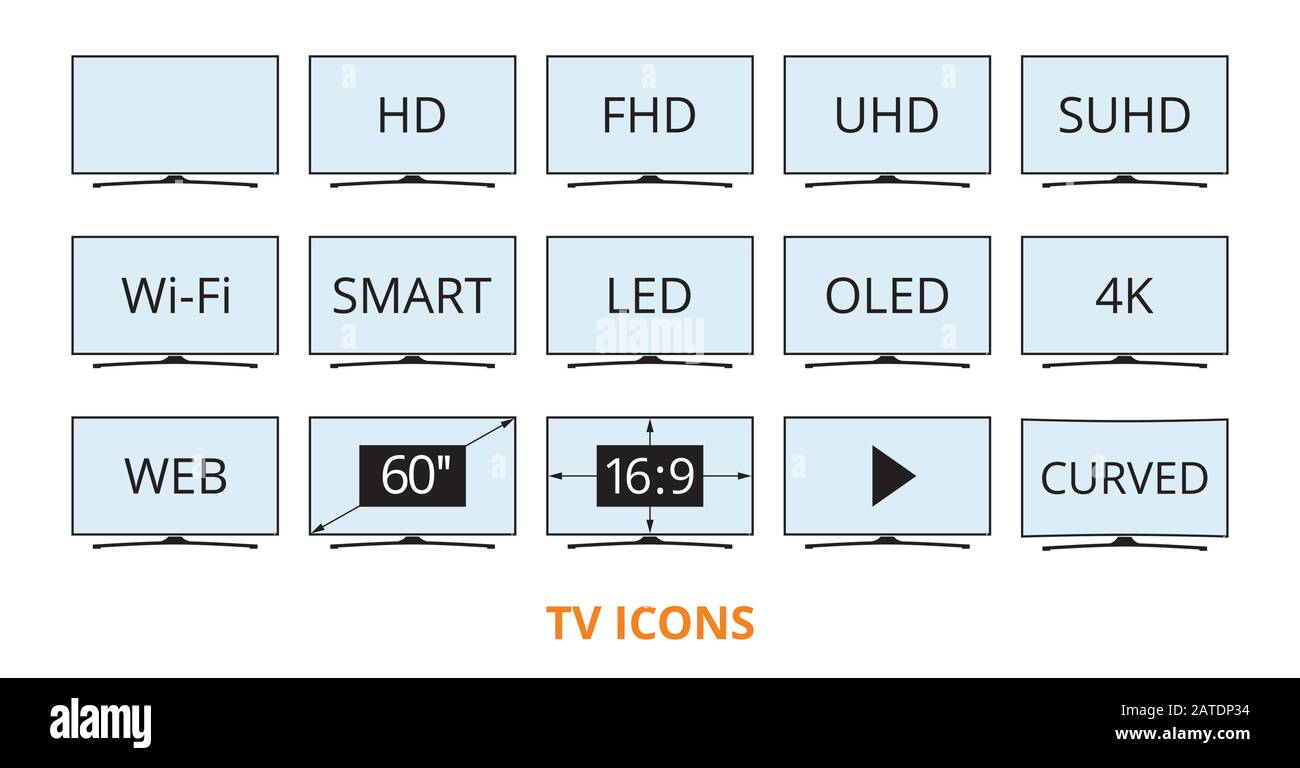 Icone TV moderne in stile piatto con alcuni parametri tecnici su schermi a colori blu. Televisore LED intelligente con simboli isolati su sfondo bianco. Vec Illustrazione Vettoriale