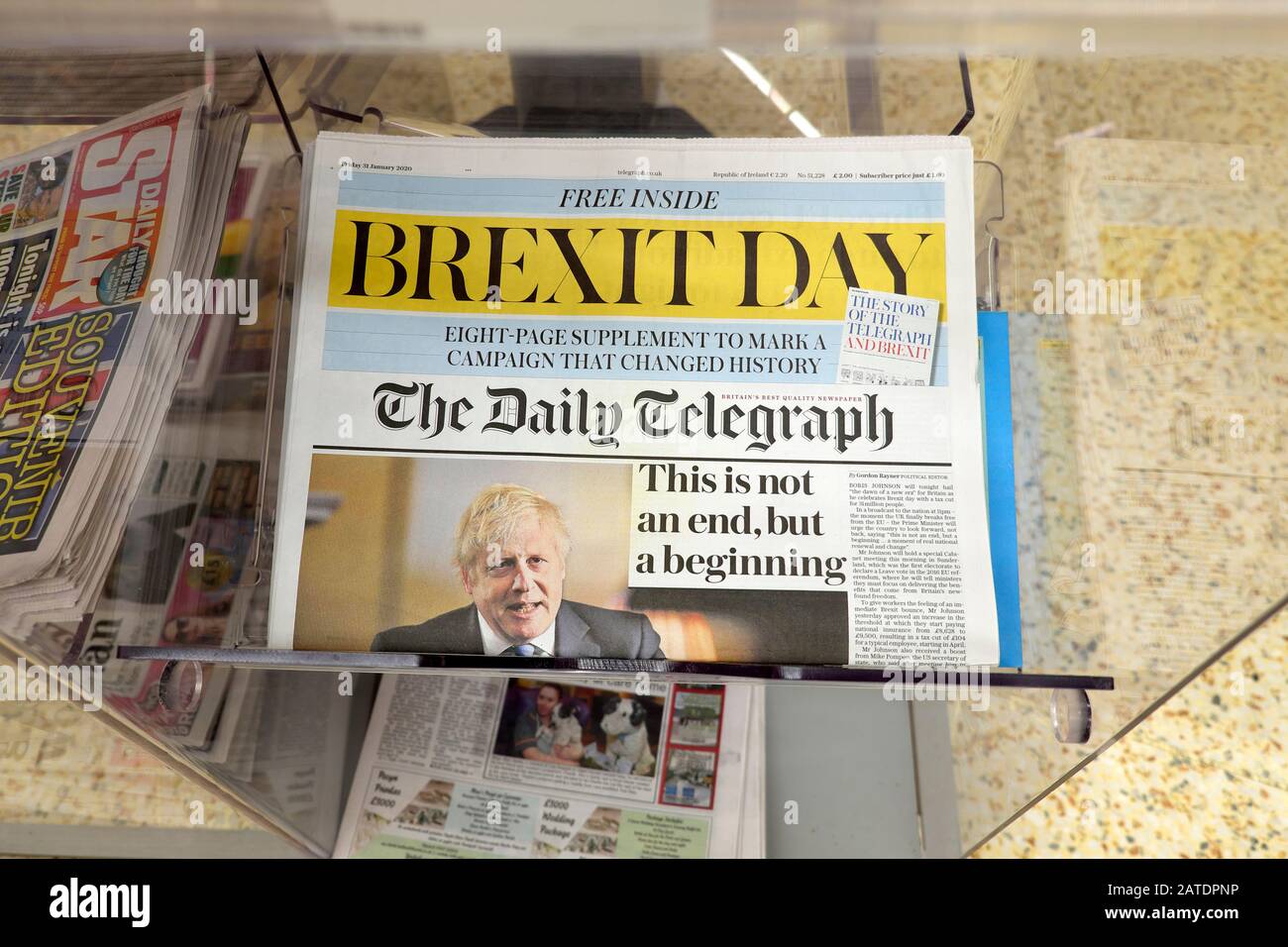 Quotidiano Telegraph Brexit Day prima pagina titoli principali Londra Inghilterra UK 2020 Foto Stock