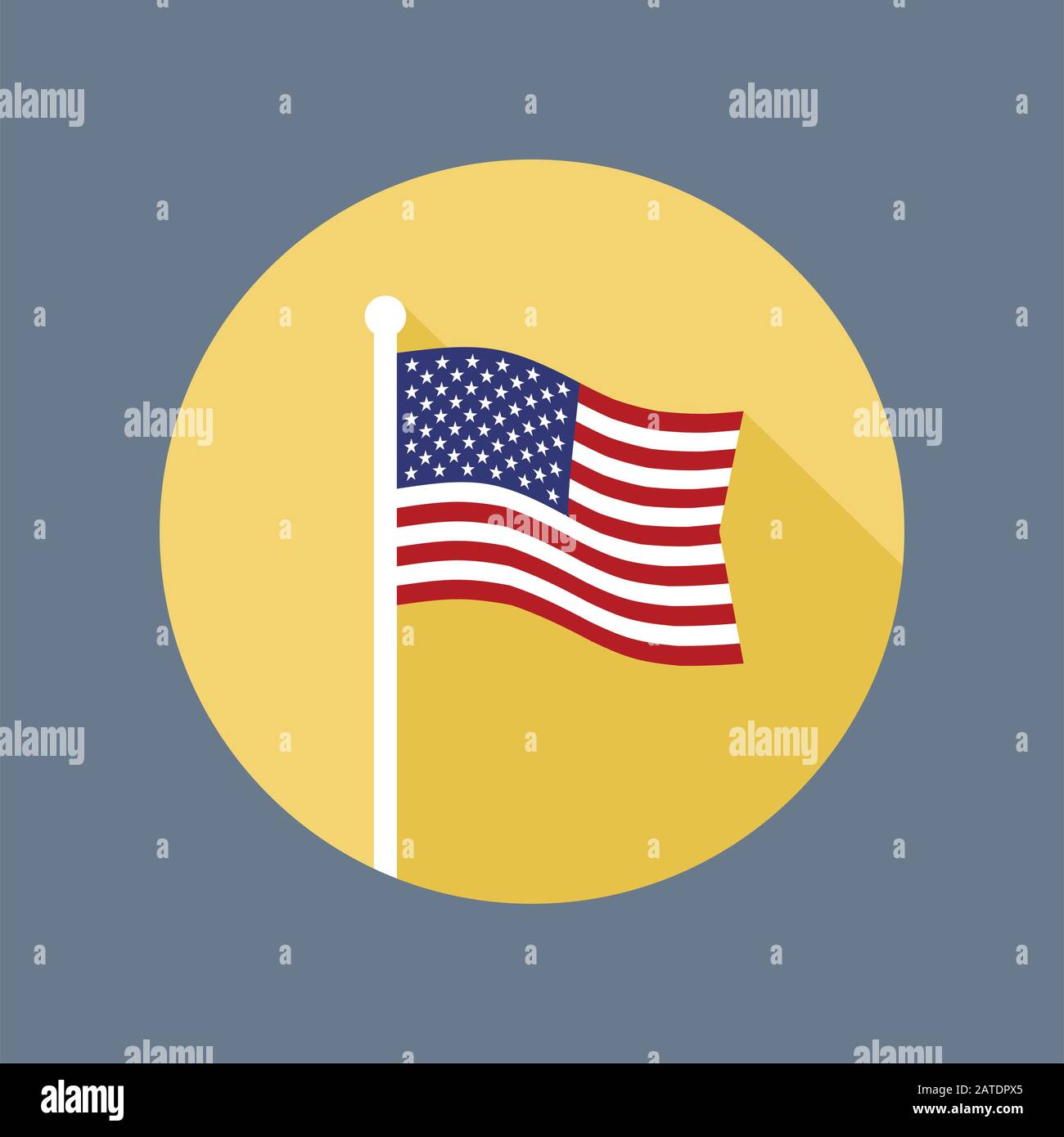 Bandiera nazionale degli Stati Uniti su flagstaff vettore flat icona. Icona vettoriale della bandiera americana in stile piatto con ombra lunga. Icona piatta con banner a stella in c Illustrazione Vettoriale