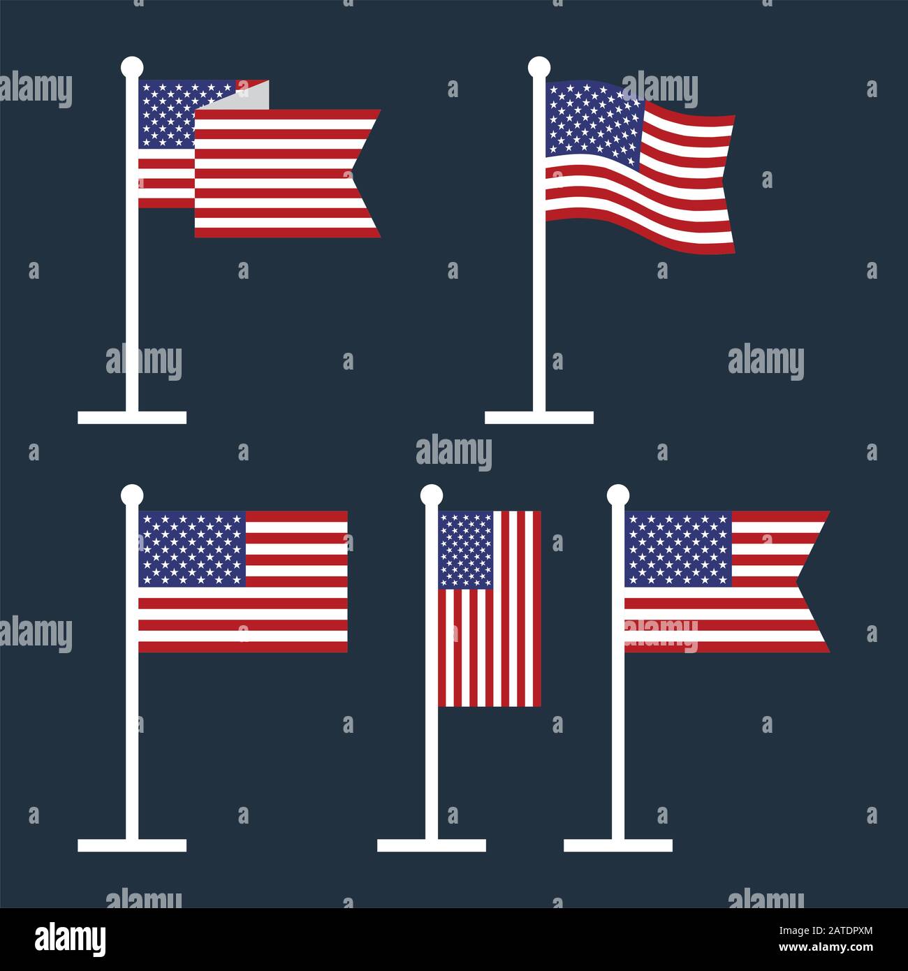 Bandiere degli Stati Uniti sulle icone piatte del vettore di flagstaffs. Set di bandiere americane su flagstaffs in stile piatto. Icone piatte con banner a stella nazionale. Vettore il Illustrazione Vettoriale