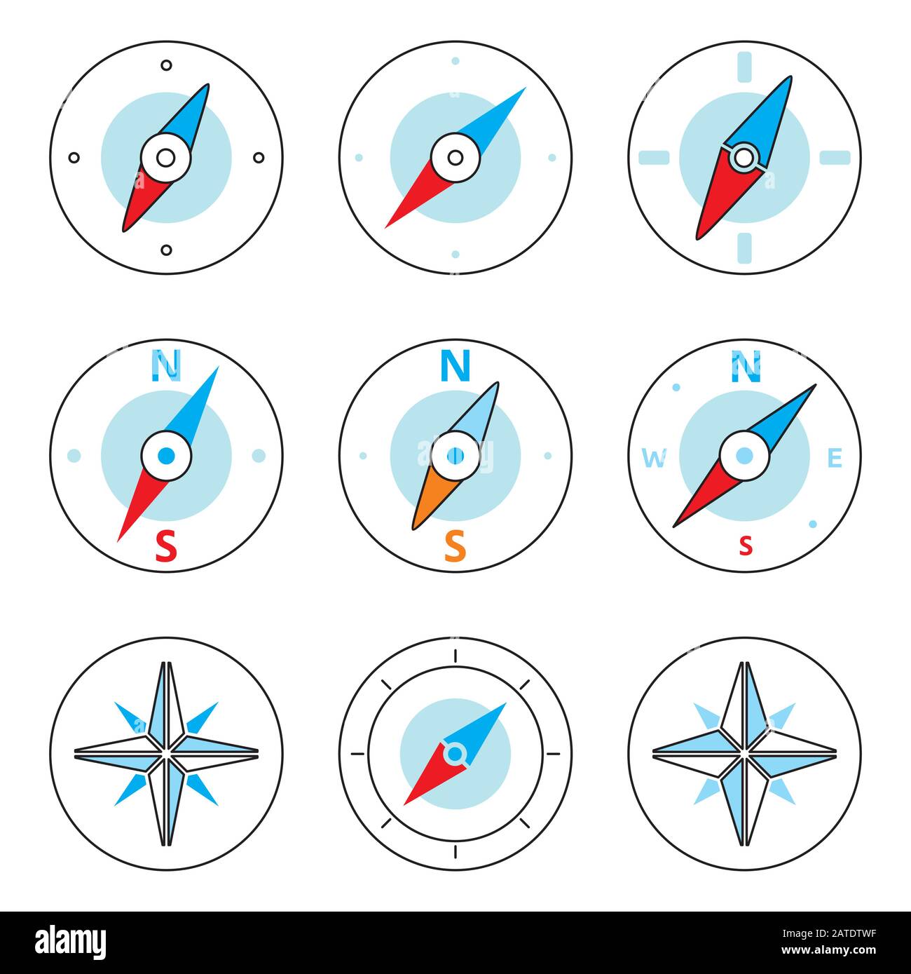 Set di icone linea sottile bussola. Icone vettoriali di una bussola di navigazione in stile contorno. Elementi di design Windrose. Pittogrammi bussola. EPS8 pulire il vettore Illustrazione Vettoriale