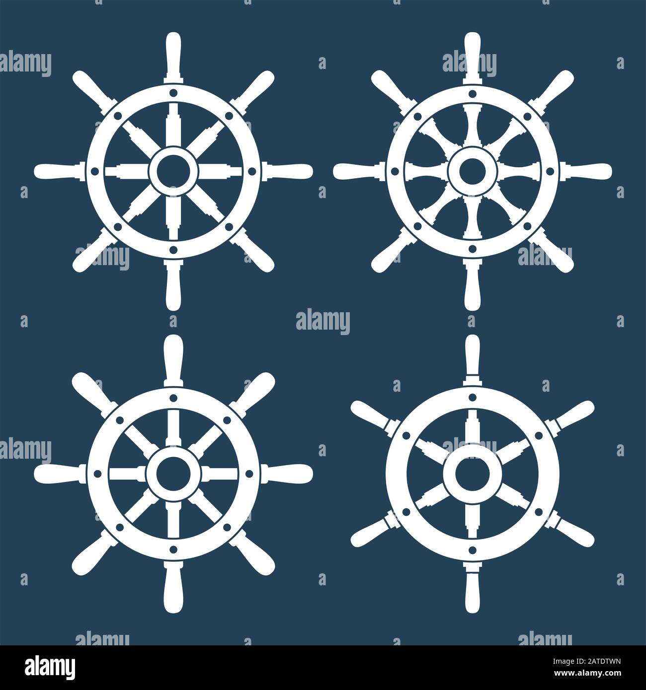 Set di icone vettoriali per il timone della nave. Icone del volante del timone isolate in bianco. Simboli delle icone sul volante. Raccolta di 4 sagome vettoriali per il timone della nave. Lui Illustrazione Vettoriale